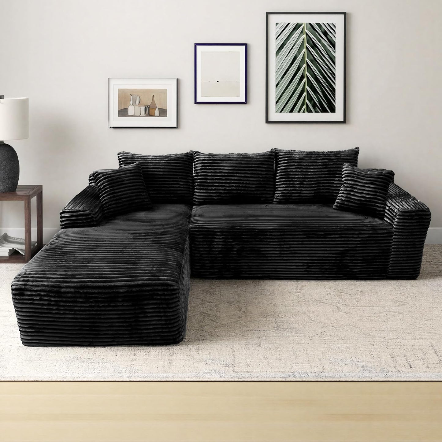 Rovibek 107.5" Couches for Living Room, Black Couch with Chaise, Modular Sectional Sofa with Throw Pillow & Deep Seat, No Assembly Required Compressed Sofa
