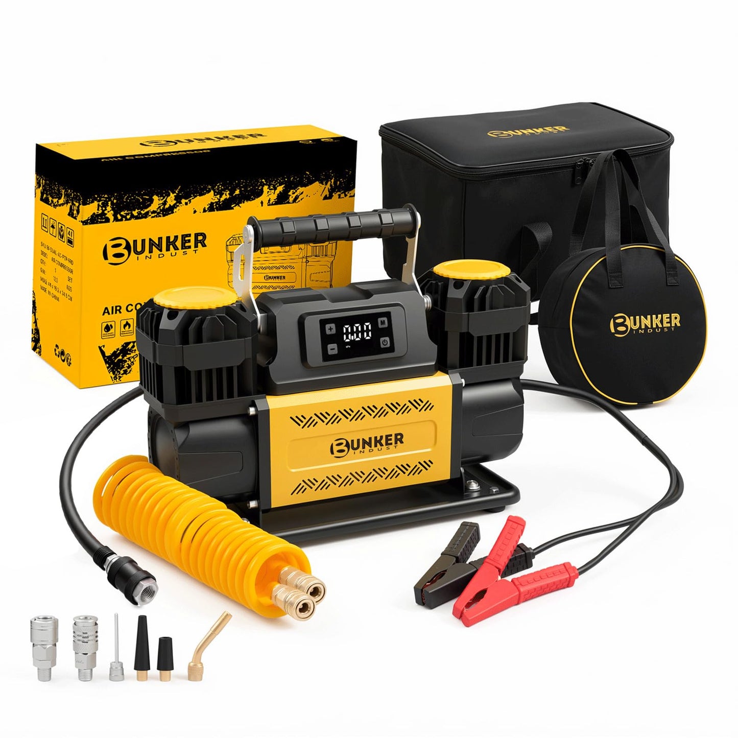 BUNKER INDUST 12V Air Compressor, Portable Inflator 12.3 CFM 150PSI Dual Tire Air Pump with LCD Control Panel Anderson-Style Plug for Off-Road 4x4 Vehicle, SUV, Truck