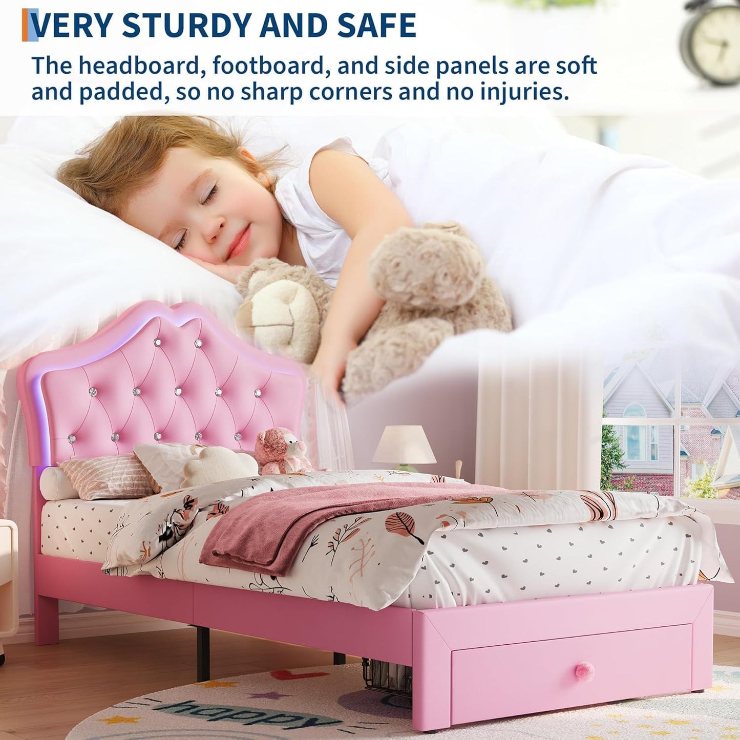Garvee Twin XL Size Bed Frame with LED Lights & Velvet Crystal Button Headboard, Upholstered Boy Platform Bed with Storage Drawer, Noise Free, No Box Spring Needed for Kids, Teens, Pink
