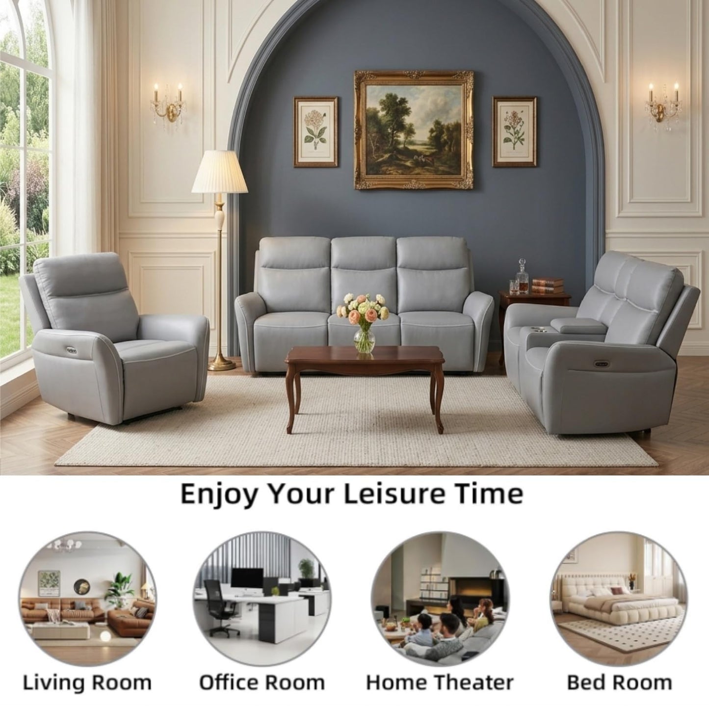 Trygoal Modern Power Recliner Sofa Set of 3, Breathable Faux Leather Home Theater Seating with Power Drop-Down Console, Wireless Charging & Storage Loveseat, Retro Vintage Furniture, Light Grey