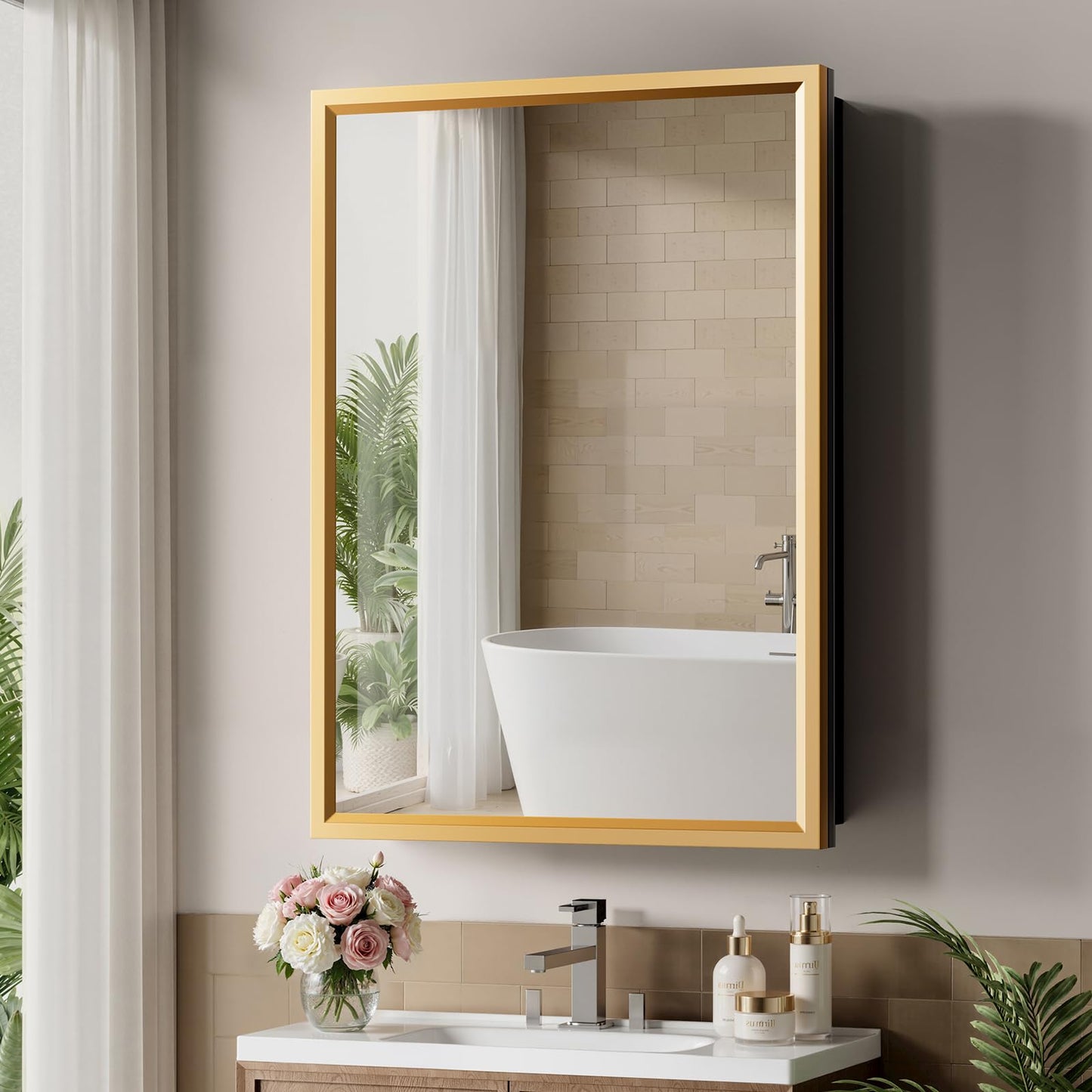 20"x28"Gold Medicine Cabinets for Bathroom with Mirror, Aluminum Alloy Framed Mirror, Recessed(18.85"x22.85")or Surface Wall-Mounted(20"x28") Metal Bathroom Vanity Mirror with Storage Cabinet