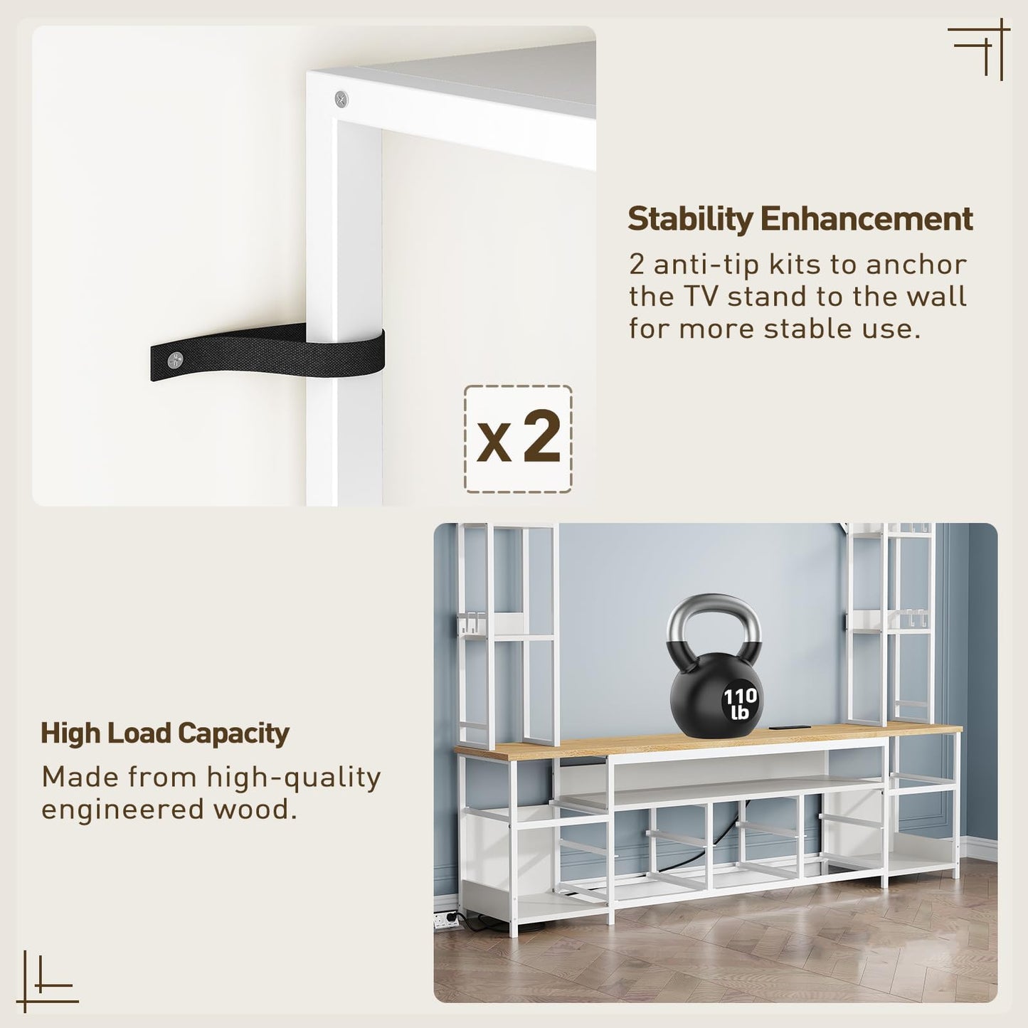 RALGEND Large Entertainment Center for Living Room, Wall Unit TV Stand with Bookshelves for TVs up to 65", Media Cabinet with Storage Drawers, LED TV Console with Power Outlets, White and Natural