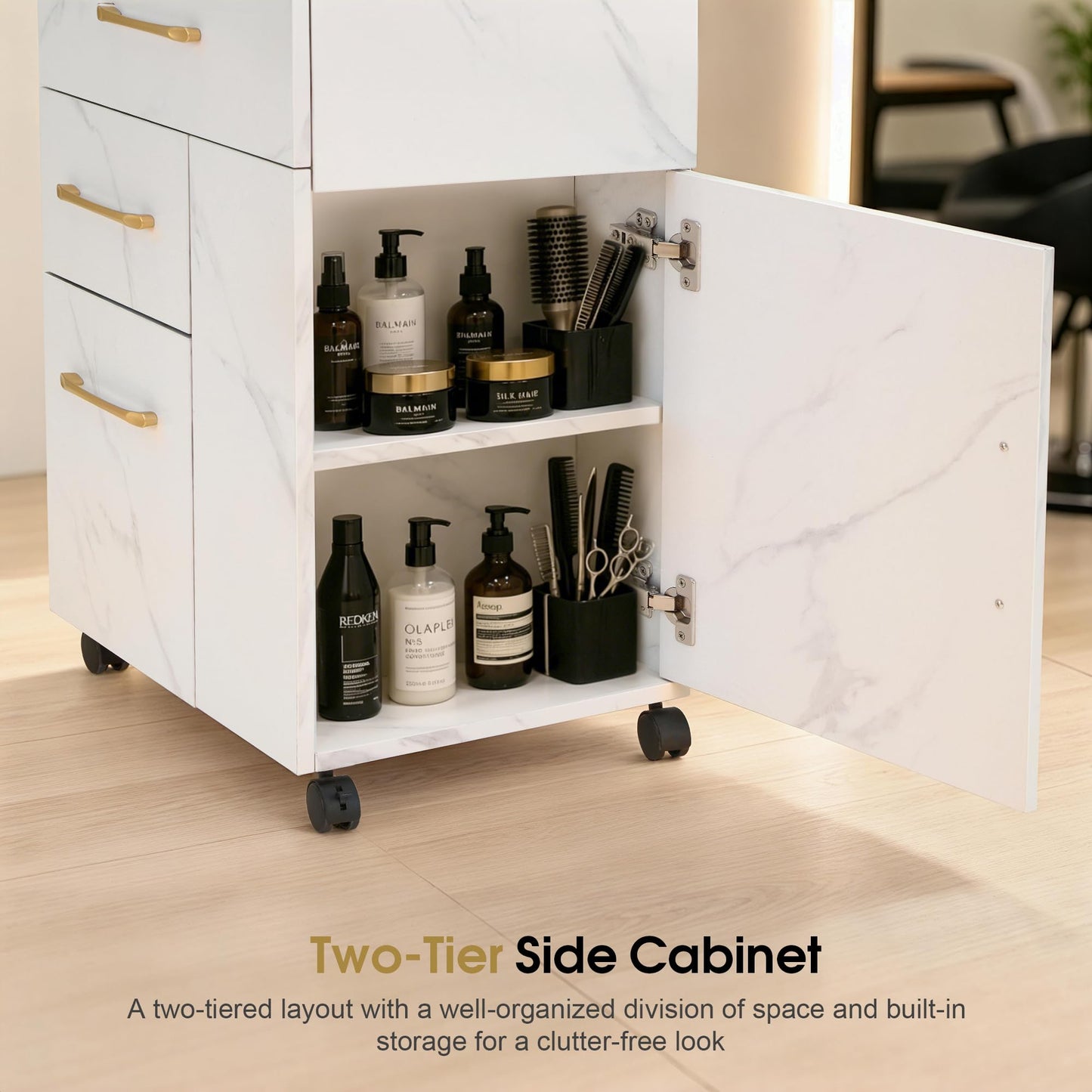 BarberPub Salon Trolley Cart with Lockable Wheels, Hair Styling Utility Rolling Cart for Storage DC2053 (White)