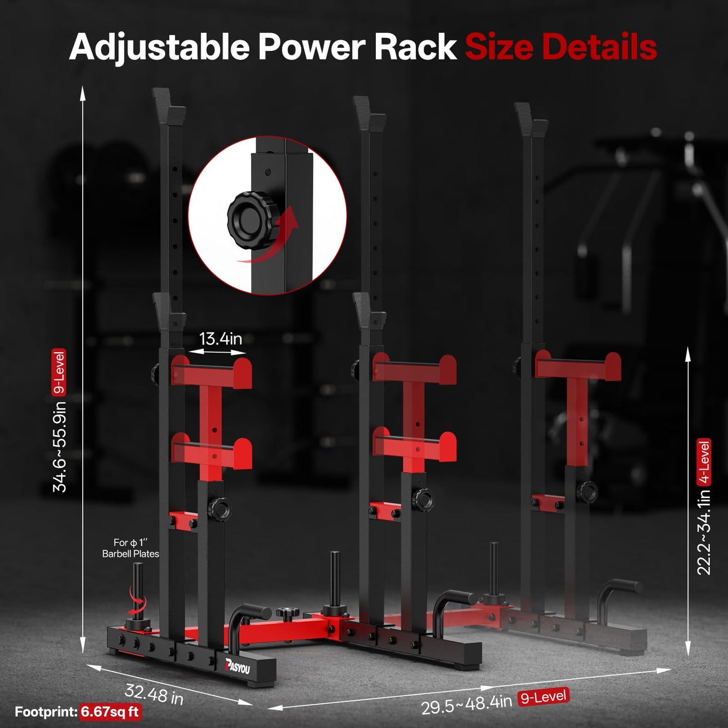 PASYOU Adjustable Squat Rack Stand, 1200 LBS Total Capacity Multi-Function Bench Press Station with Spotter Arms and Push-Up Handles Dumbbell Rack, for Home Gym Strength Training, Red