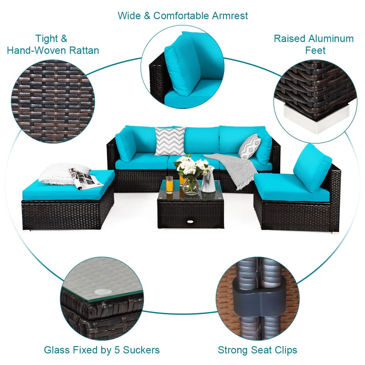 COSTWAY 6-Piece Outdoor Patio Furniture Set, Rattan Sectional Sofa Set with Tempered Glass Coffee Table, Cushions and Ottoman for Garden, Deck, Backyard (Turquoise)