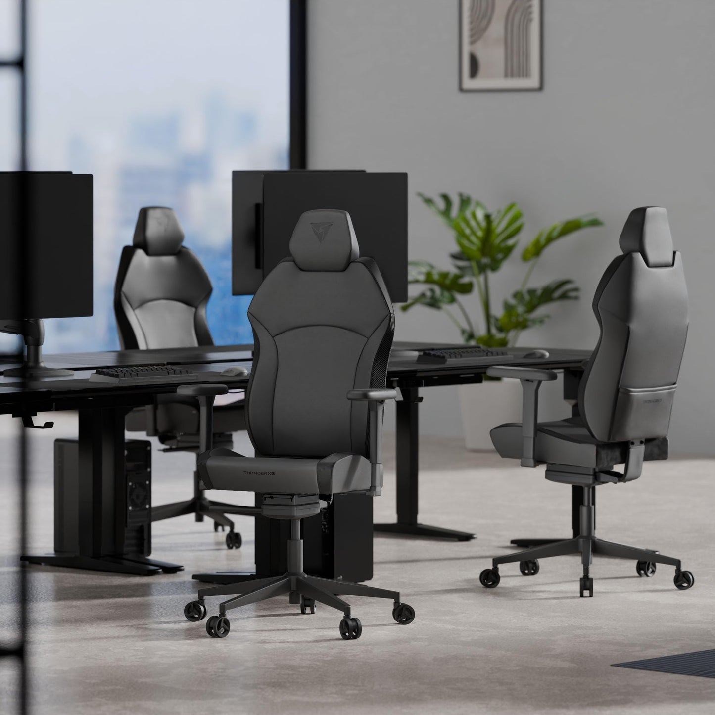 ThunderX3 Solo 360 Gaming Chair, for Adults Ergonomic Office Chair, High Back Desk Chair, Synchronous Tilt, 360-degree Adjustable Armrest, Adjustable Car Headrest, Leather, Modern Black