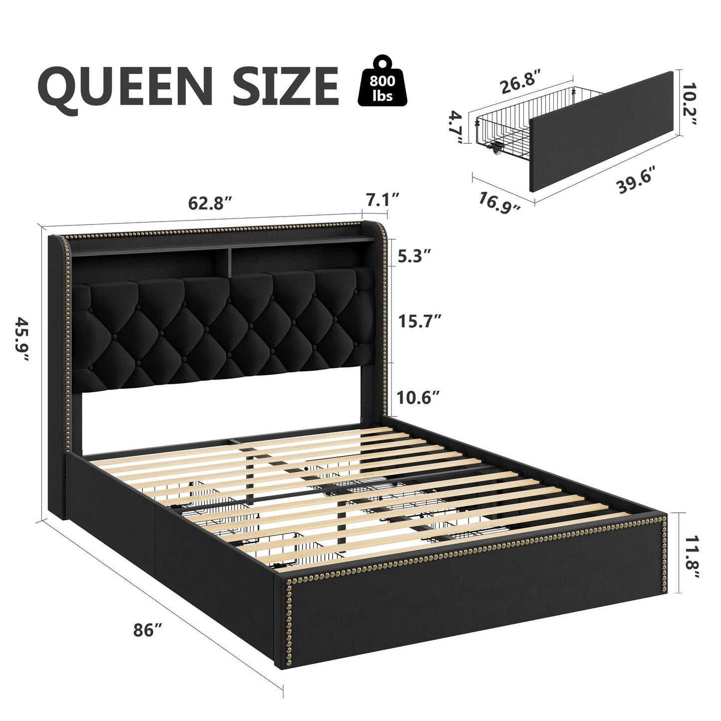 Queen Size Black Velvet Storage Bed with Shelved Headboard and 4 Drawers, Tufted Upholstered Platform Bed Frame with Nailhead Trim, Metal Support Slats, No Box Spring Required, Easy to Assemble