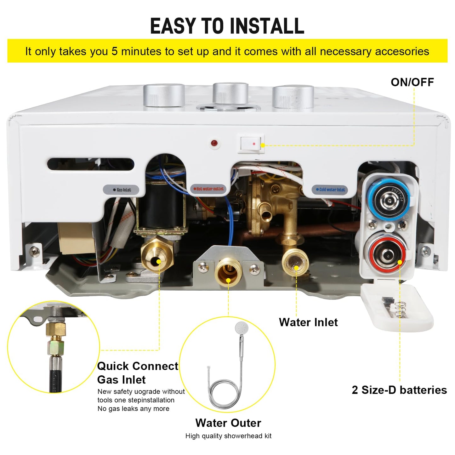 Tankless Water Heater Propane 5.26GPM 20L Outdoor Portable Gas Hot Water Heaters Instant Propane Water Heater with Digital Display Multi-Protection for Camping Trips Boat Cabins