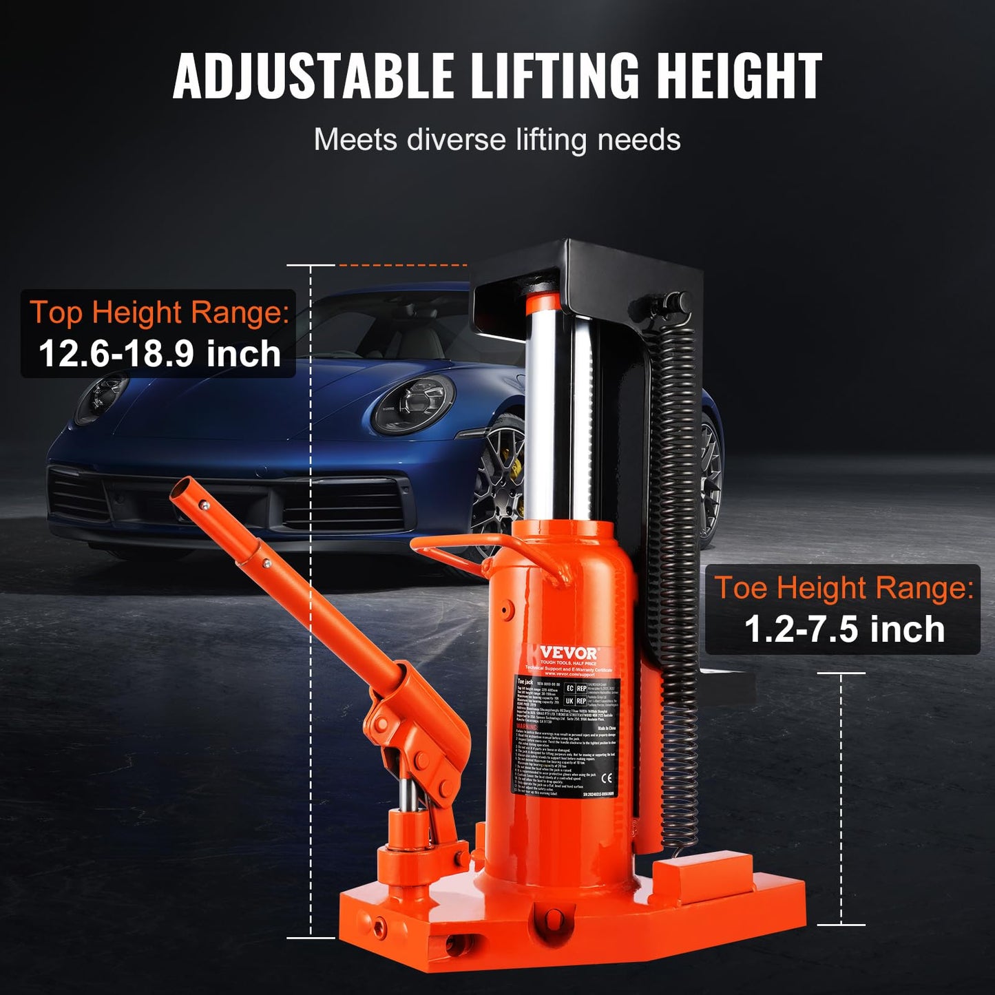 VEVOR Hydraulic Toe Jack, 10 Ton Lift, 20 Ton Capacity, 1.2-7.5 in Toe Height, 12.6-18.9 in Top Height, Air Hydraulic Claw Jack for Machinery