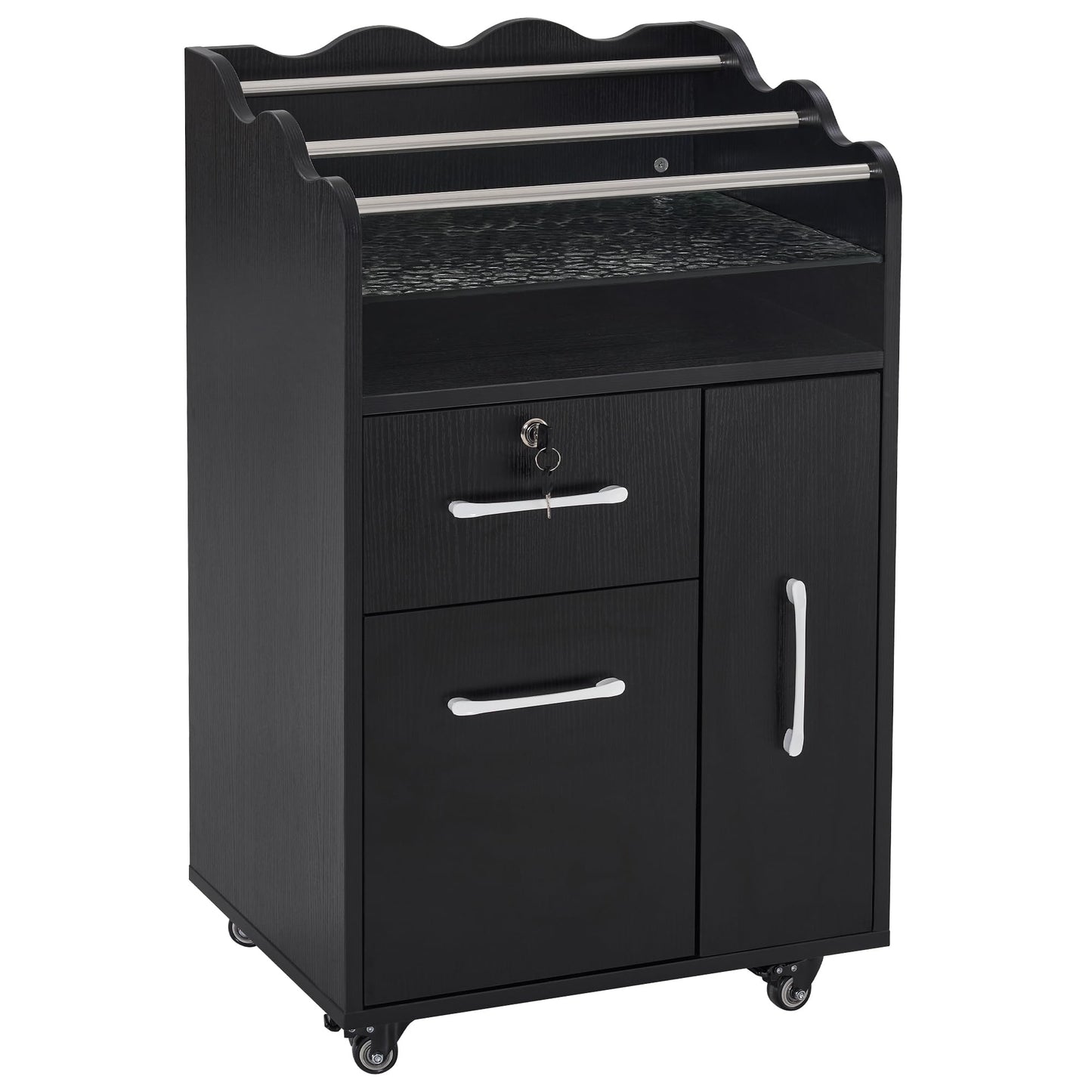 BarberPub Salon Cart with Storage Drawer Cabinet Barber Trolley with Wheels Rolling Salon Cart for Hair Stylist Beauty Organizer 2045 (Black)