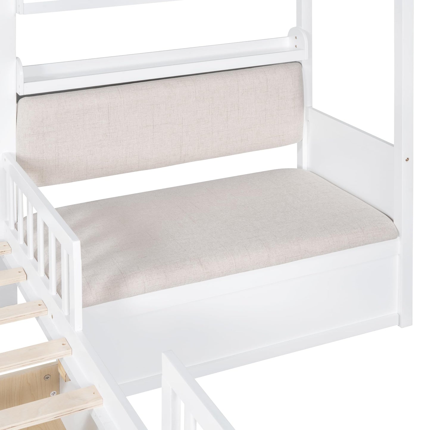 Merax Twin Size House Bed with Upholstered Sofa Seat, White L-Shape Wooden Platform Bed Frame with Two Drawers and Storage Shelf