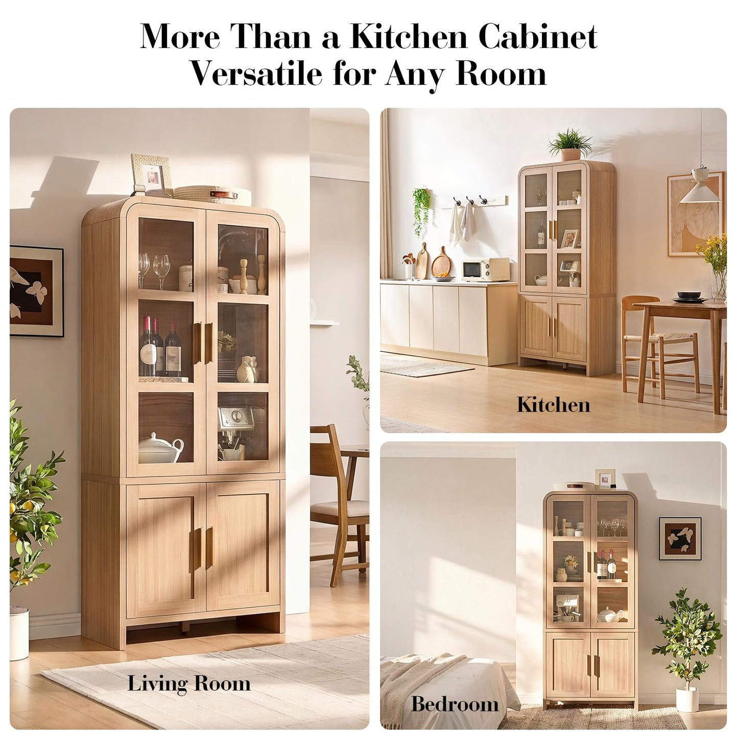 EliteSet 77" Tall Kitchen Pantry Cabinets, Wooden Curved Storage Cabinets with Adjustable Shelf, 1.18'' Panel Freestanding Cupboard for Dining Room, Living Room, Bathroom, Oak, 1Pcs