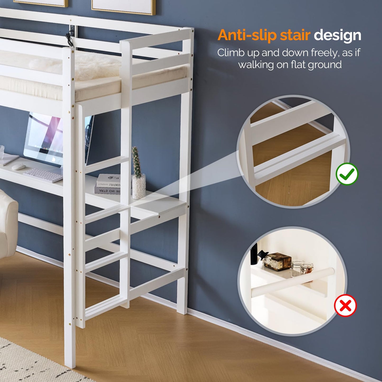 VINGLI Loft Bed with Desk, Wood Bunk Bed Twin Size with RGB LED for Adults, 2 Charging Station on High Guardrail and Desk,Wood Slat Support, White