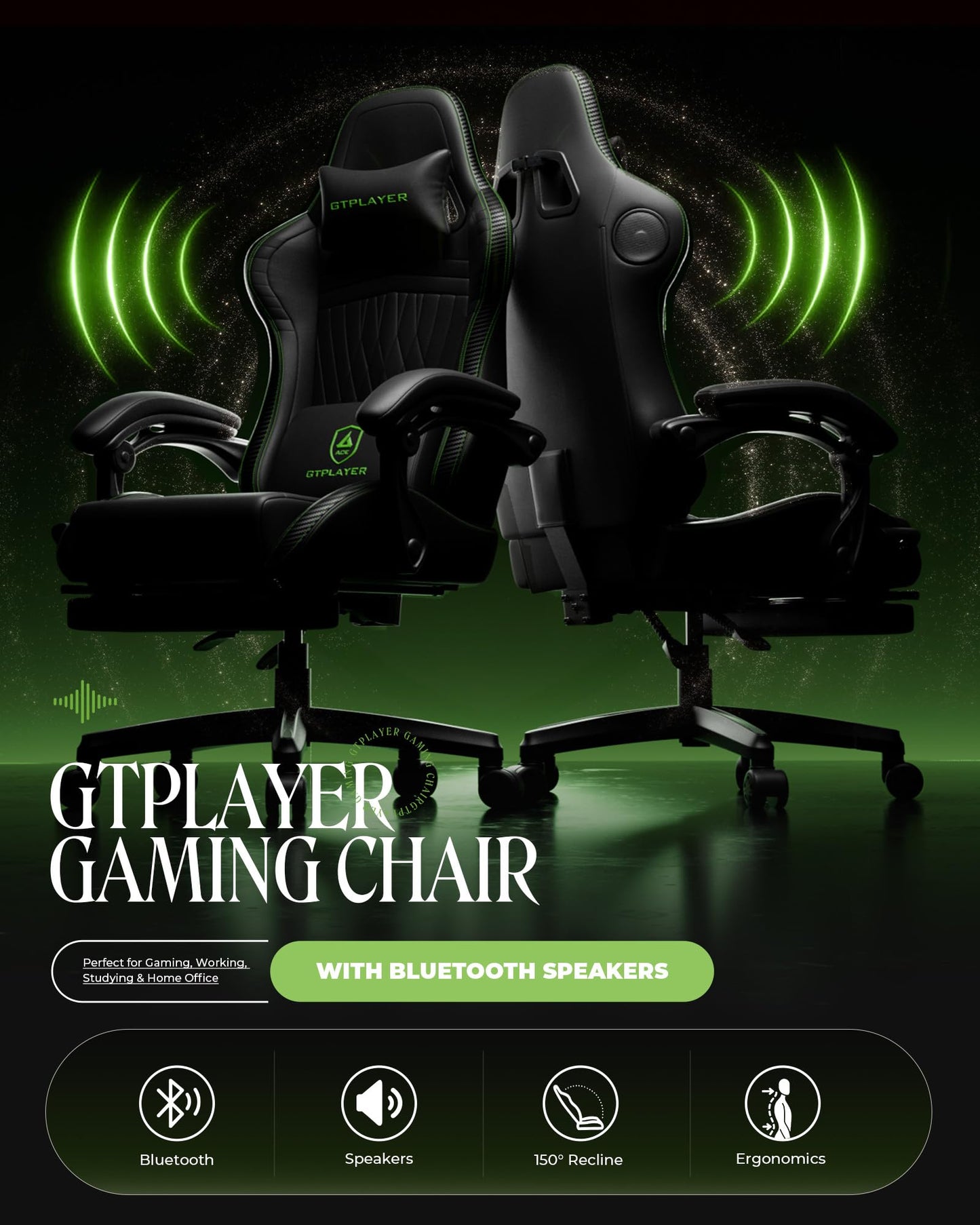 GTPLAYER ACE-PRO Music Gaming Chairs – Built-in Speakers, App Support & Bluetooth Control, Computer Game Chairs with Footrest for Adults, Ergonomic, Reclining, Linkage Armrest, Black