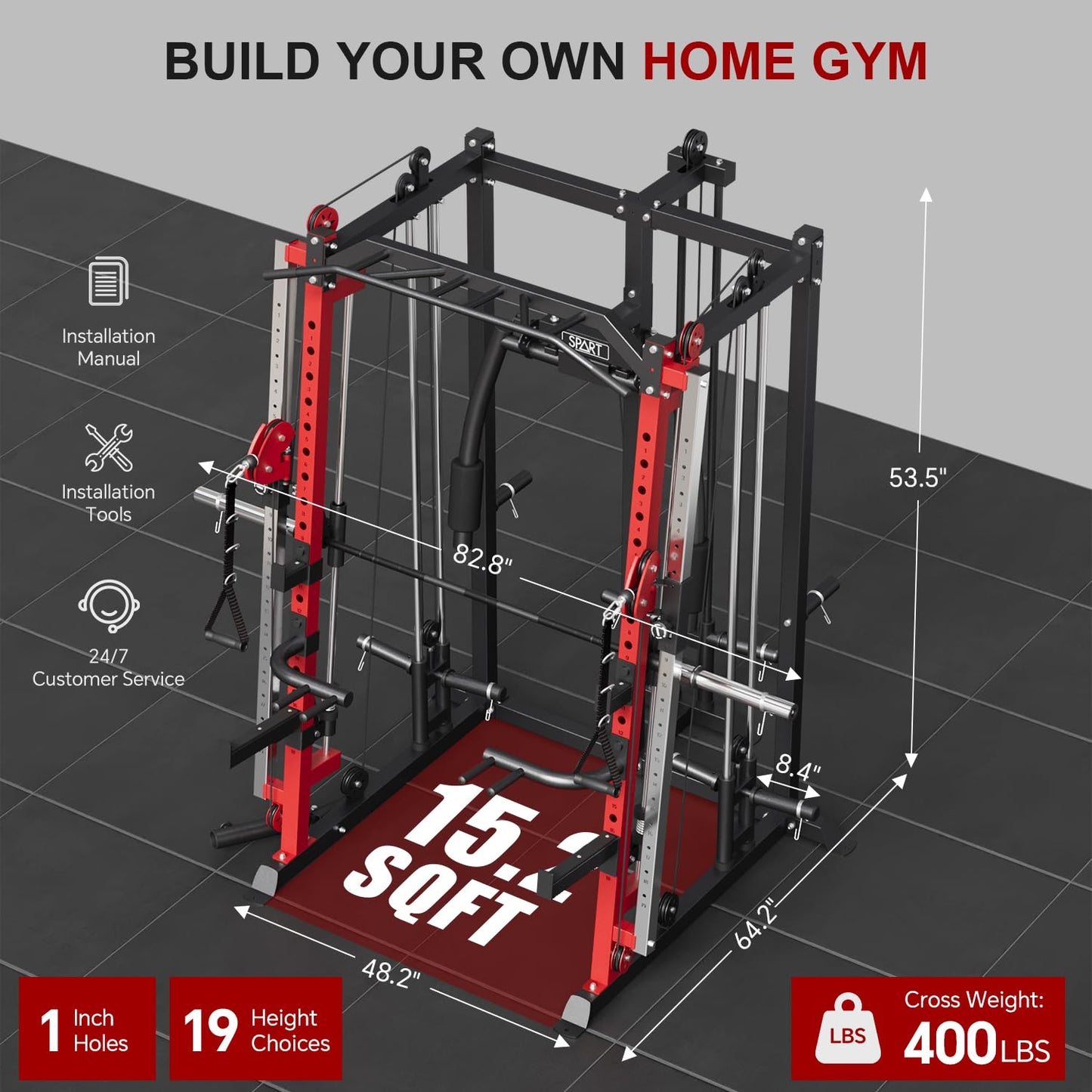 SPART Workout Station Angled Smith Machine with Bench,Cage System-Home Gym Multifunction Rack,Workout Equipment with Smithe Bar, LAT Pull-Down Systems, Cable Crossover Machine and Cable Attachment