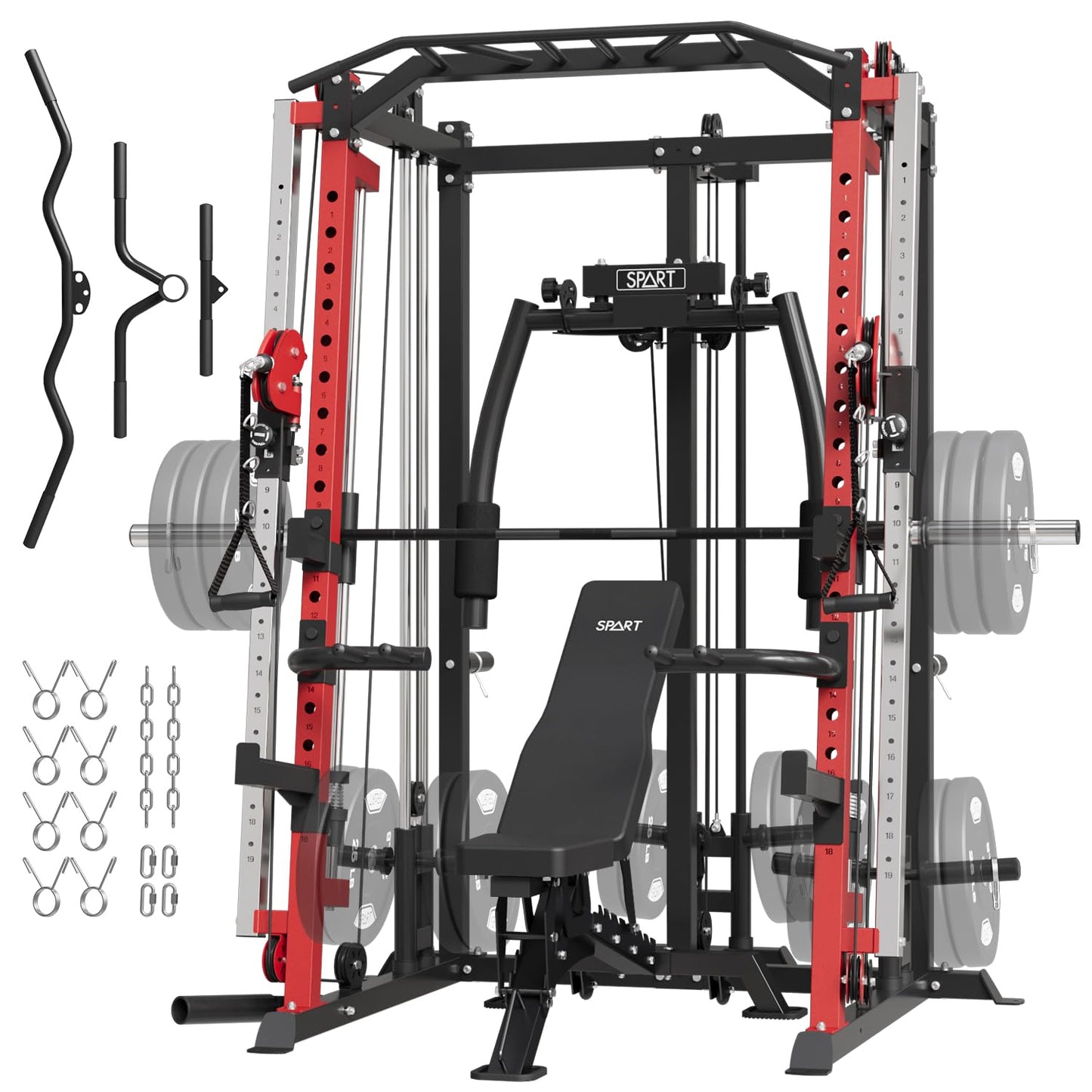SPART Workout Station Angled Smith Machine with Bench,Cage System-Home Gym Multifunction Rack,Workout Equipment with Smithe Bar, LAT Pull-Down Systems, Cable Crossover Machine and Cable Attachment