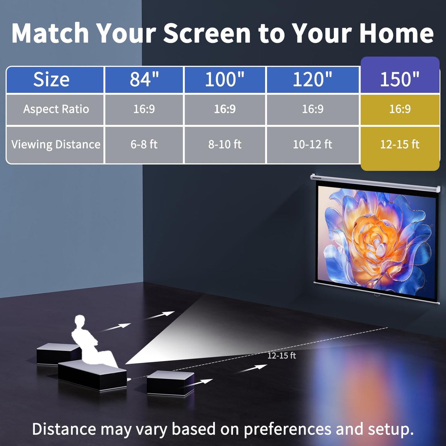 150'' Projector Screen Manual Pull Down - 16:9 HD Retractable Projection Screen with Auto Locking - 4K Projector Screen Anti-Crease for Home Theater Cinema Office Education Presentation