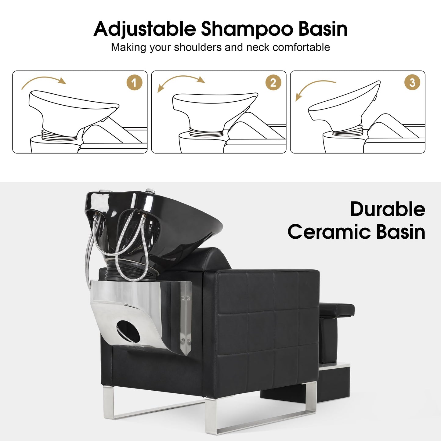 BarberPub Backwash Shampoo Ceramic Bowl and Chair Set for Salon for Hair Stylist, Adjustable Hair Wash Sink Unit Station for Spa Beauty Salon Barbershop 9093 (Black)