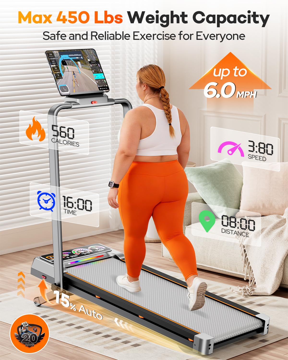 Walking Pad with 15% 12-Level Auto Incline & Handle Bar, Trisomy Foldable Under Desk Treadmill, 450 LBS Capacity Treadmills for Home Hiking with UI Screen, Bluetooth Speaker, Remote, RGB Light