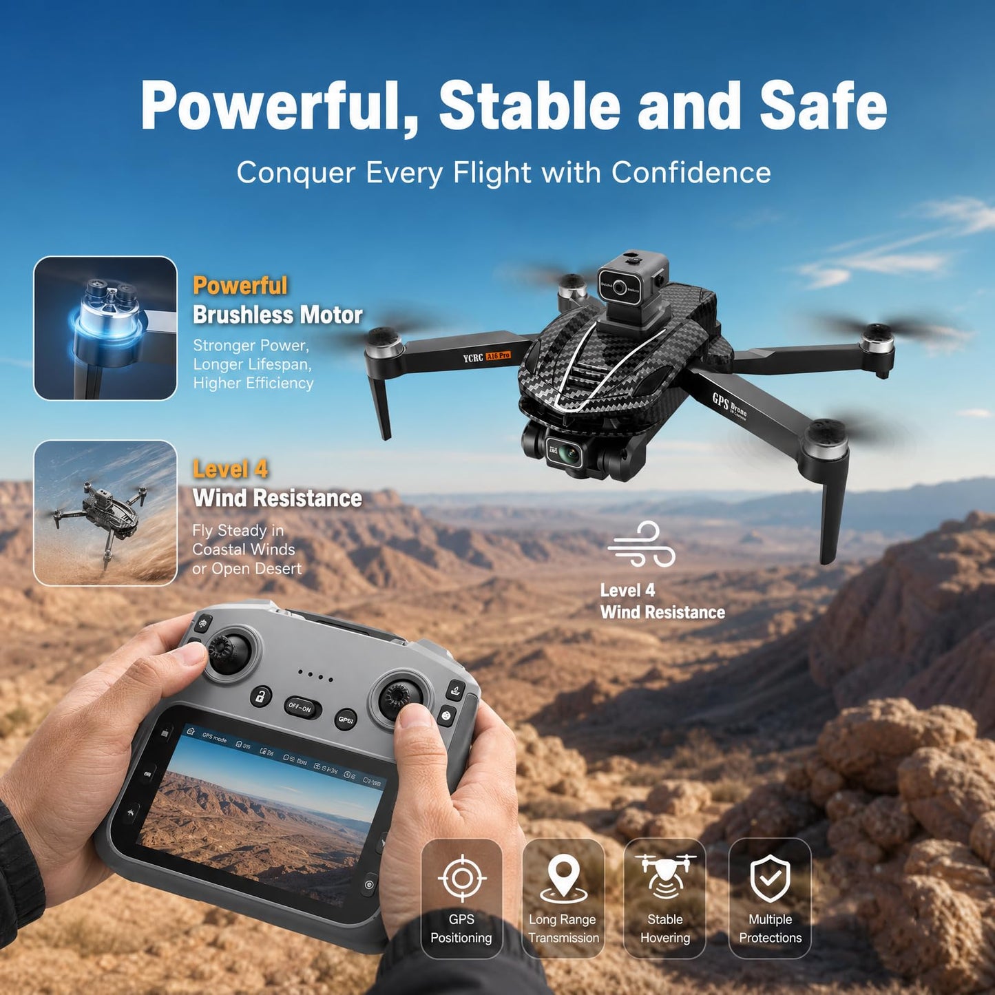 A16 GPS Drone with 4K Camera EIS for Adults, RC Camera Drones with 4.5" HD Screen, GPS Follow & Auto Return & Obstacle Avoidance, Brushless, Long Range Transmission, 3 Speed Adjustable, 60 Mins Flight Time with 2 Batteries, Foldable Drone Kit, Under 249g