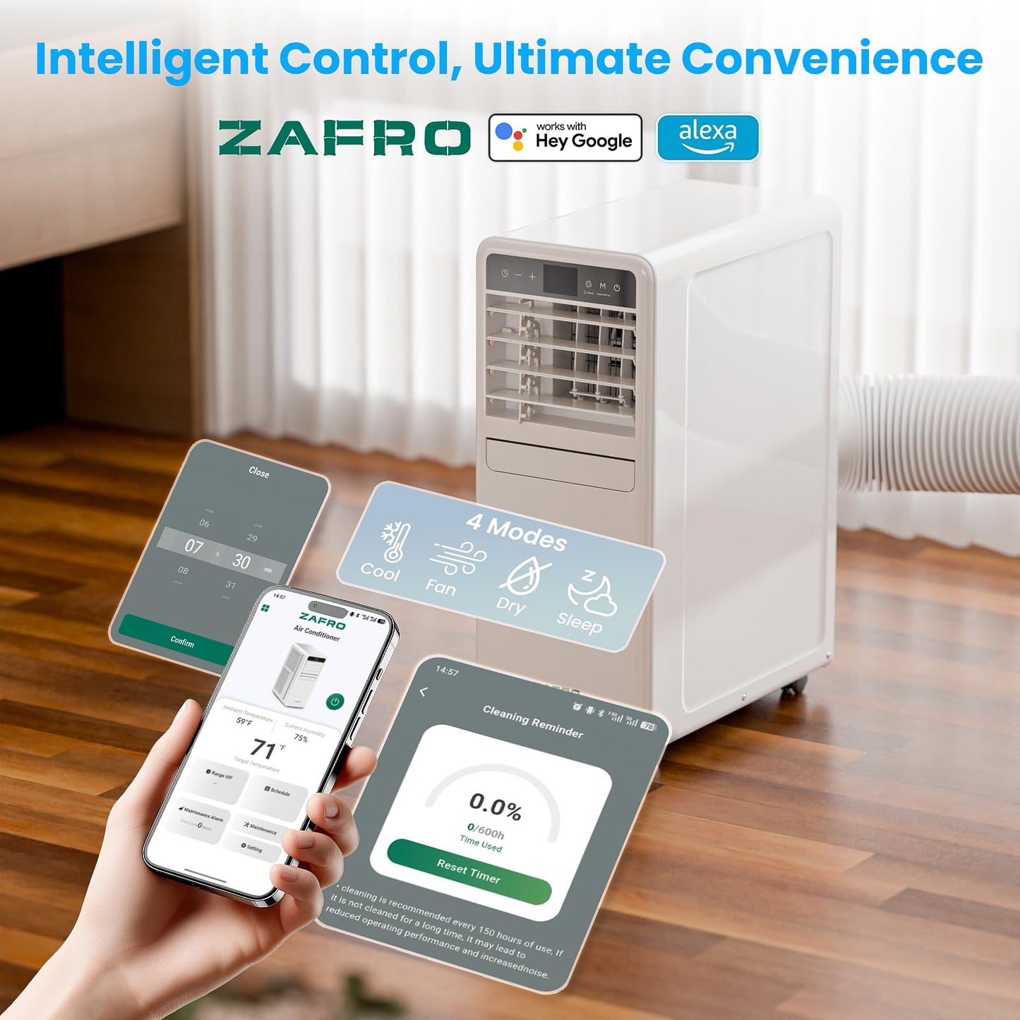 ZAFRO Portable Air Conditioners, 12000 BTU (8000 BTU SACC), Smart AC Unit with Drainage-free Cooling, Fan & Dehumidifier, Portable AC with APP/Remote, 47dB Quiet, 24H Timer for Living Room, Bedroom
