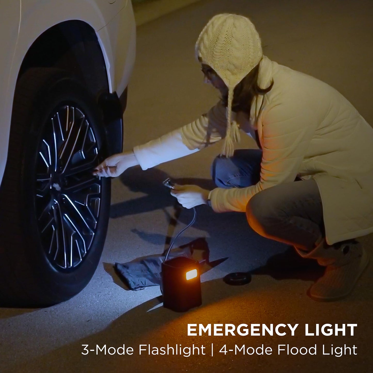 NeverGoFlat 150 PSI Air Compressor and All-in-One Emergency Tool with Emergency Lighting and 4,000mAh Power Bank