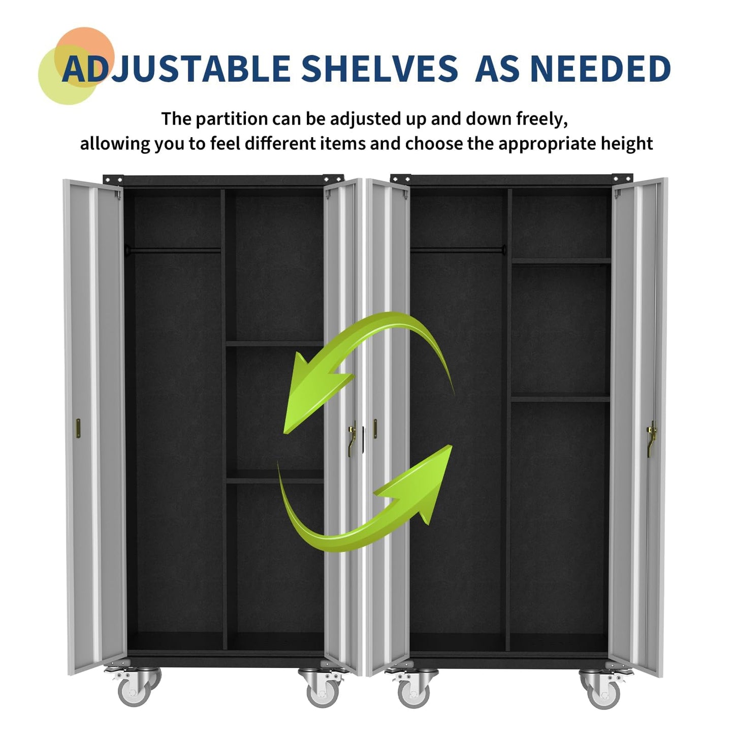 ActiveTrail Metal Storage Cabinet with Lock-71 Tall Tool Organizer Steel Lockers w/Hanging Rod Metal Wardrobe Cabinet on Wheels for Home, Office, Warehouse, Garage
