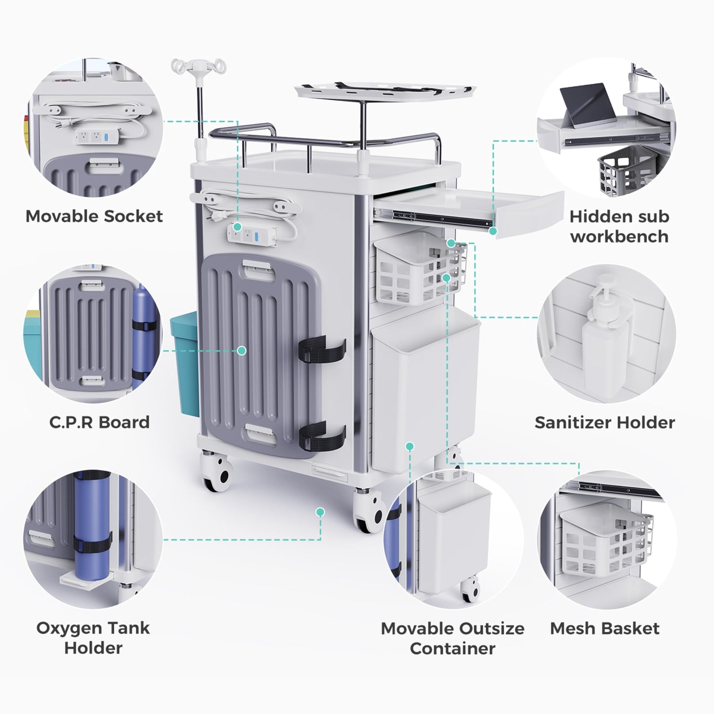 OLERN Rolling Crash Cart Medical with Drawers - Adjustable IV Pole, Silent Casters, Needle Disposal Holder, Trash Bin, O2 Holder, Utility Trolley Cart for Clinic, Hospital, Salon, Lab