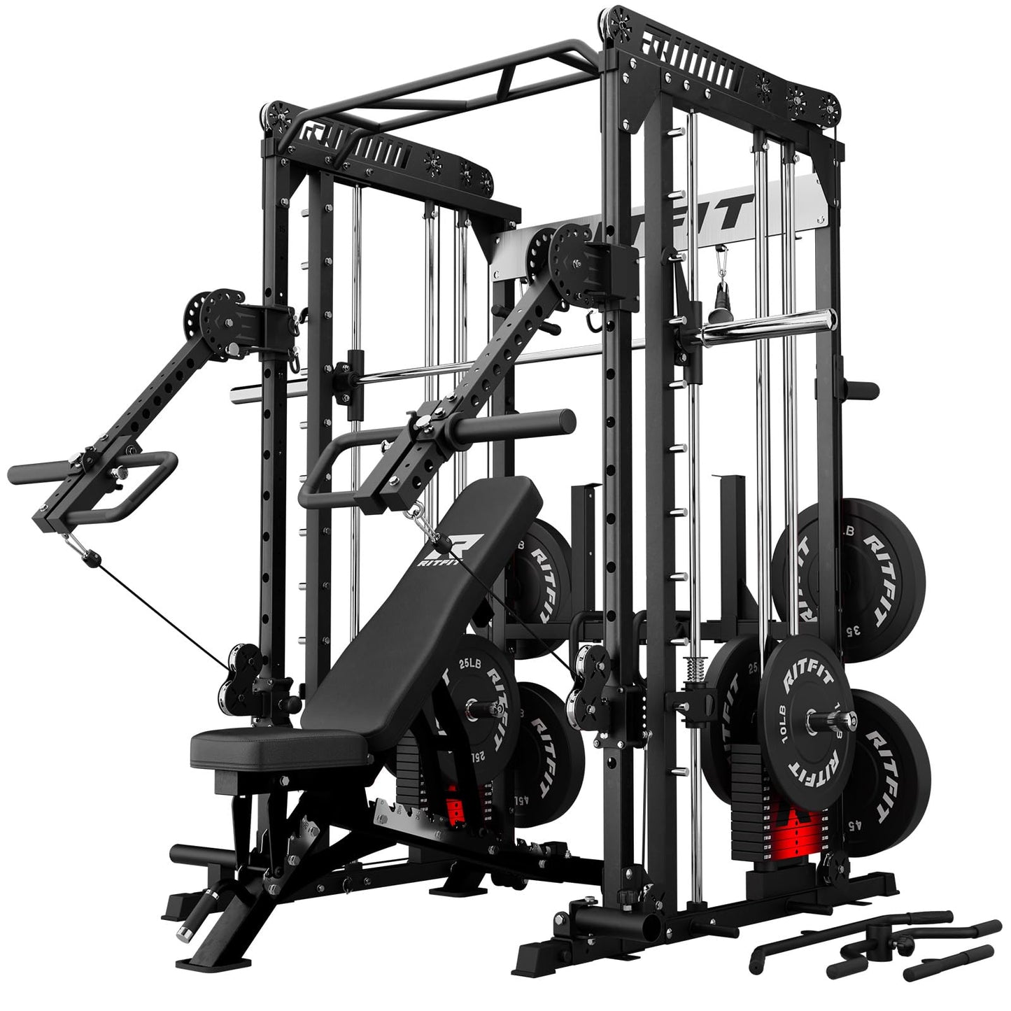 RitFit M1 Pro Smith Machine with LAM1 Adjustable Lever Arm Attachment, All-in-One Power Cage, Power Rack with LAT Pulldown & Cable Crossover System for Home Gym(Black with Weight Stack,BP230)