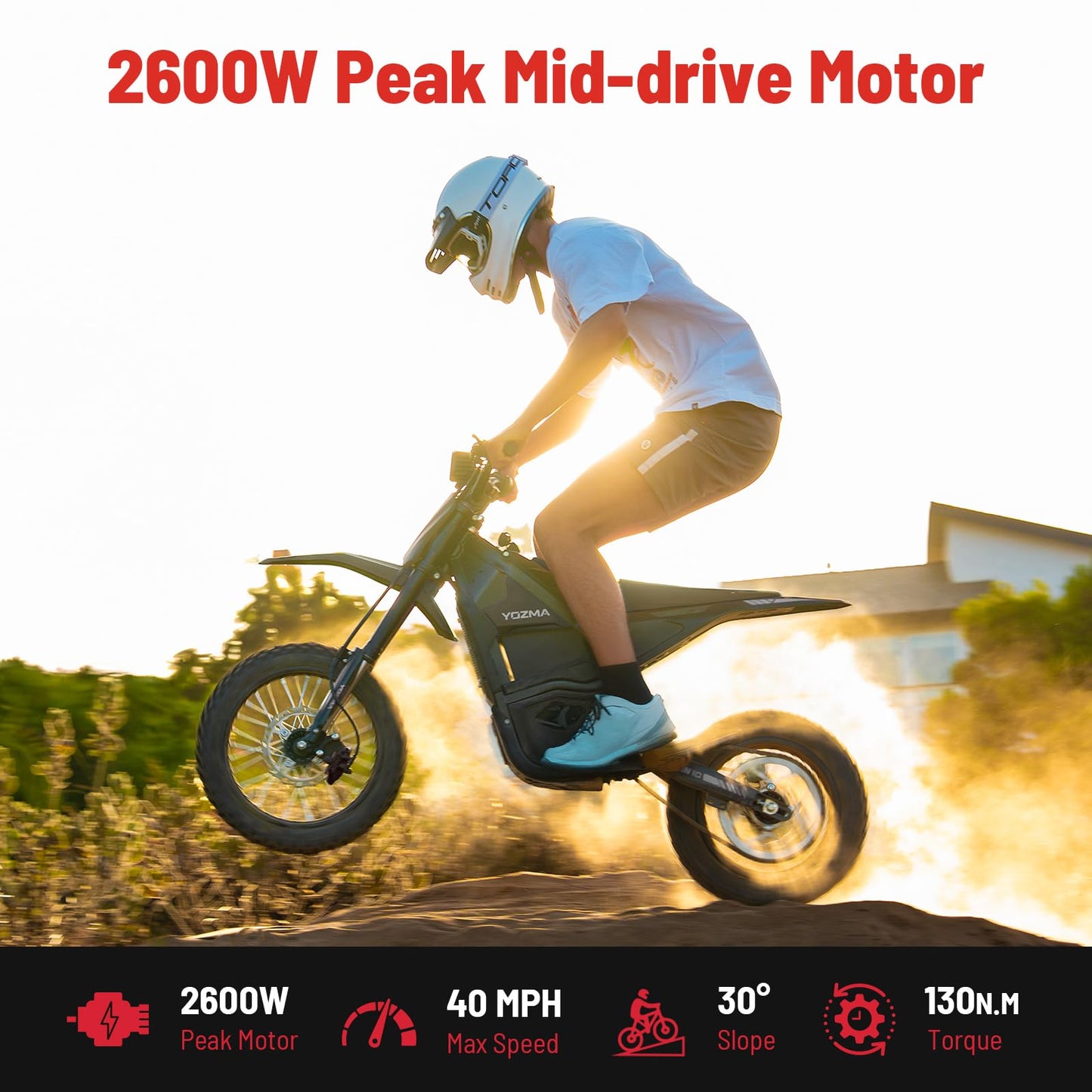 Yozma IN10 Electric Dirt Bike, 2600W 40MPH Electric-Motorcycle with 48V/23AH Battery Ebike, Full Hydraulic Brakes and Suspensions Mountain Off-Road E Dirt Bike, for Teens & Adults