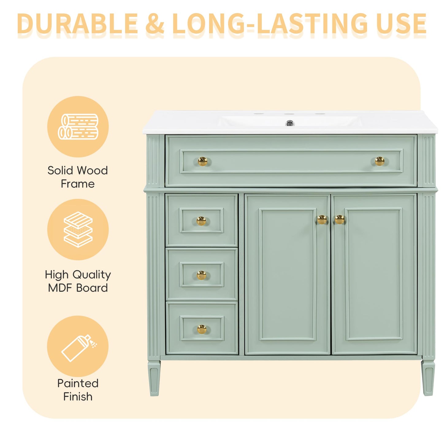 36" Bathroom Vanity Cabinet with Ceramic Countertop Sink Combo Set, Solid Wood Frame, Tilt-Out Drawers and Left Side Drawers, Soft Closing Door Hinges, Modern Style, Green