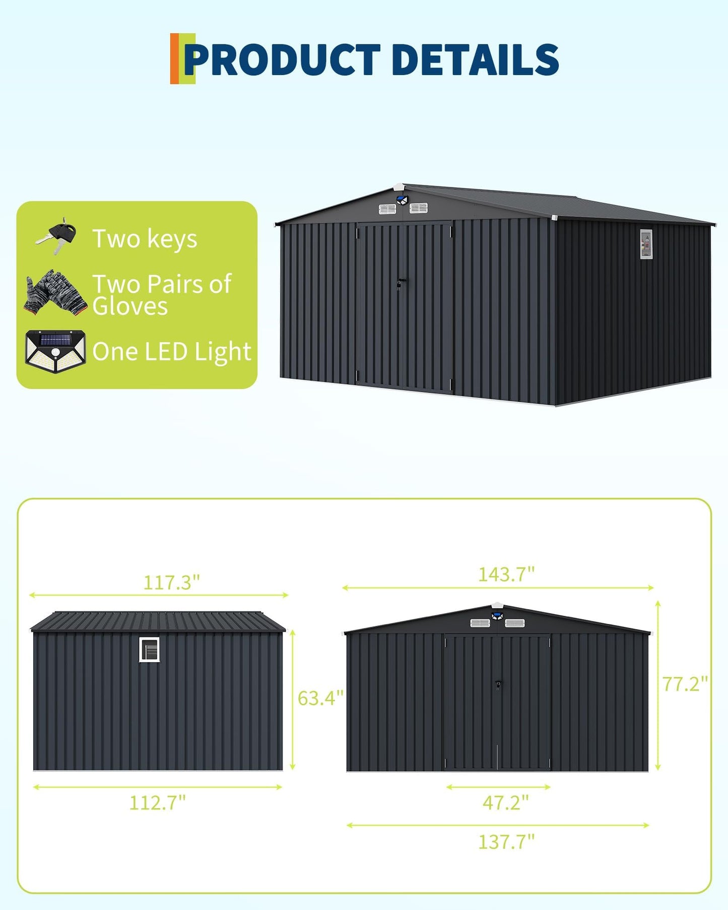 12x10 FT Outdoor Storage Shed with Windows and Solar LED Light, Large Waterproof Metal Garden Shed with Lockable Double Doors, Vented Sloped Roof for Backyard Lawn Patio, Dark Gray