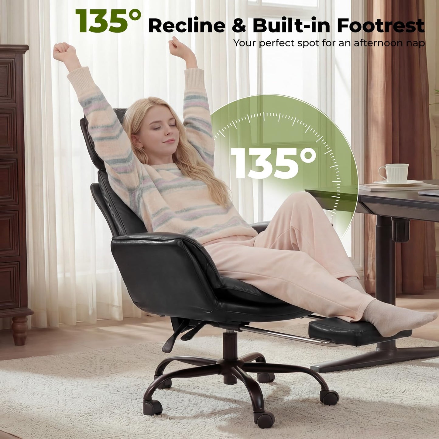 HOMRELEXA Criss Cross Office Chair with Armrests & Wheels, Comfy Big and Tall Chair, Ergonomic Executive Gaming Computer Chairs with Foot Rest, PU Leather Wide Seat Reclining Desk Chair, Black