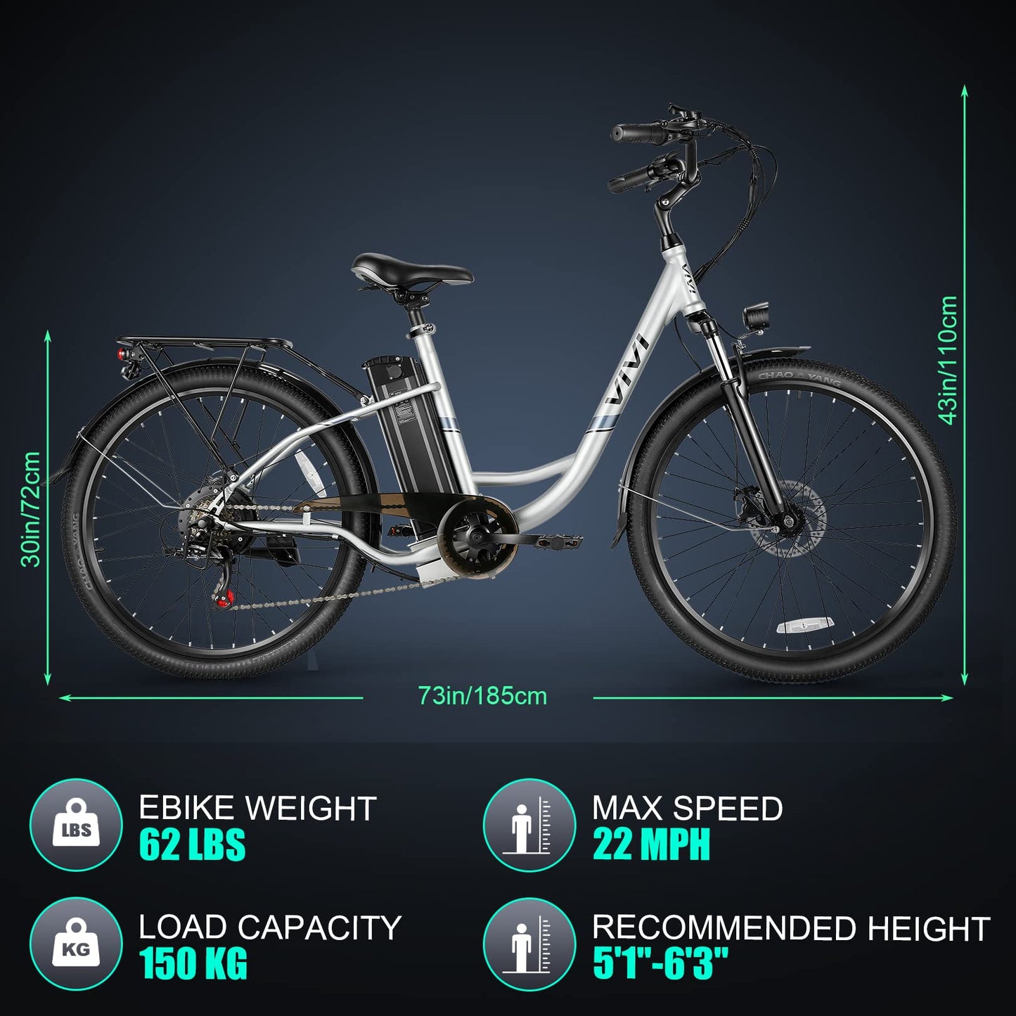 Vivi Electric Bike, 26'' e Bike for Adults, 750W Peak Ebike with 48V Removable Battery, Electric Commuter Cruiser Bike 19.8MPH & 50 Miles City Electric Bicycle with Cruise Control LCD Display