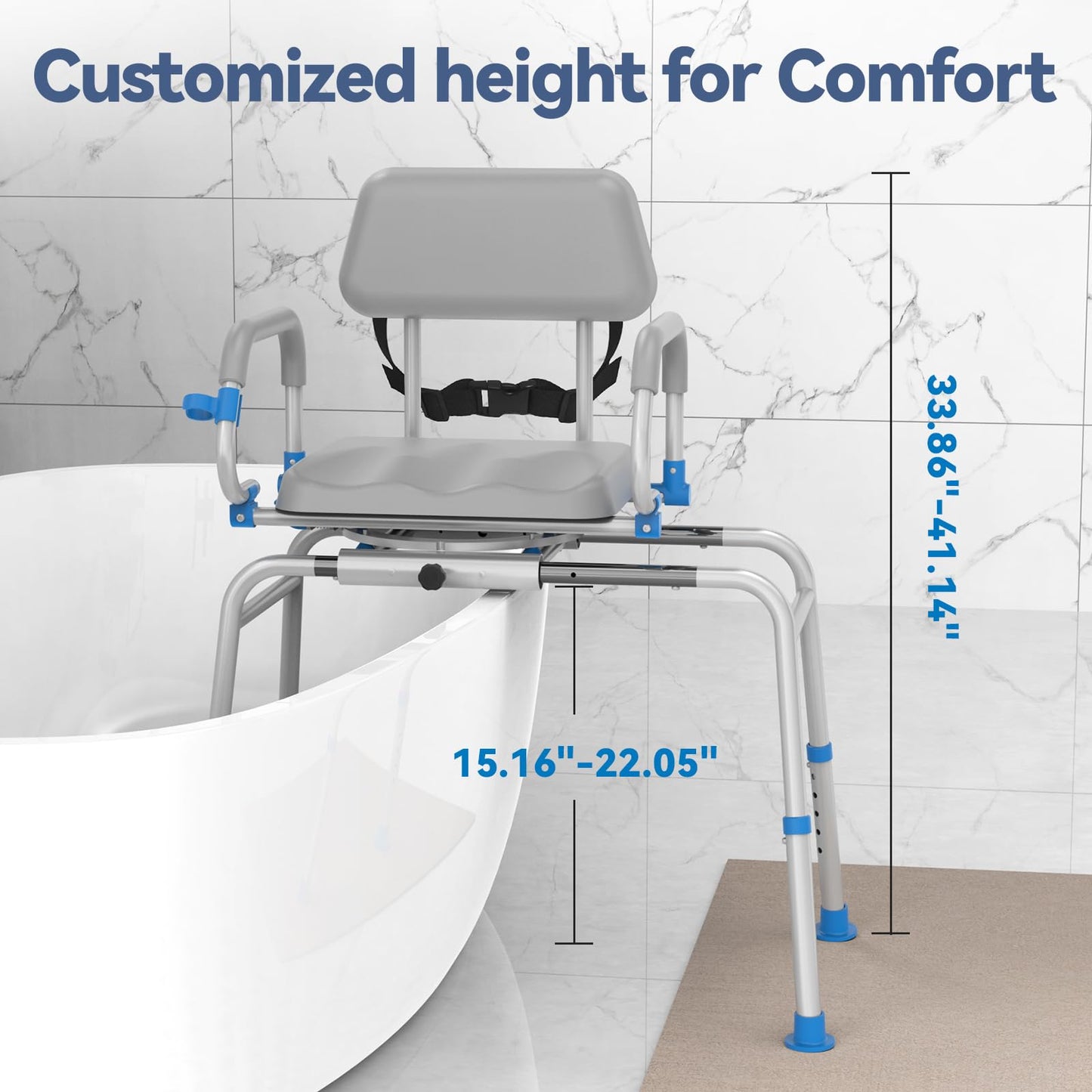 FSA/HSA Eligible Sliding Shower Chair Tub Transfer Bench for Bathtub with Swivel Seat, Padded Shower Bench with Pivoting Arms, Height Adjustable Shower Seat, 350 lbs, Gray, Standard