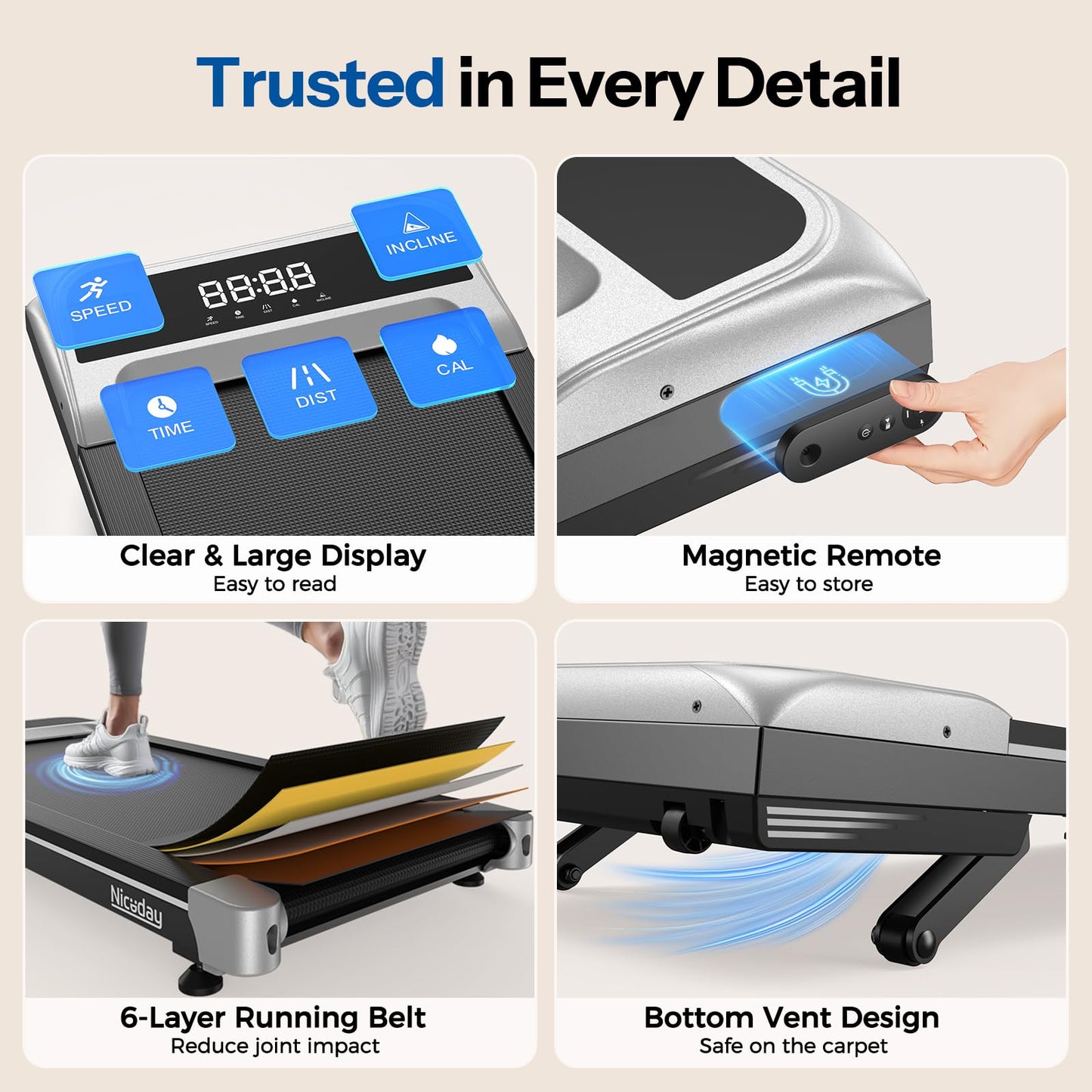 Niceday Walking Pad Under Desk with 10% 9-Level Auto Incline, 3HP Super Quiet Under Desk Treadmill for Home Office, Compact Treadmills for Home Hiking, 400 LBS Capacity, Magnetic Remote Silver