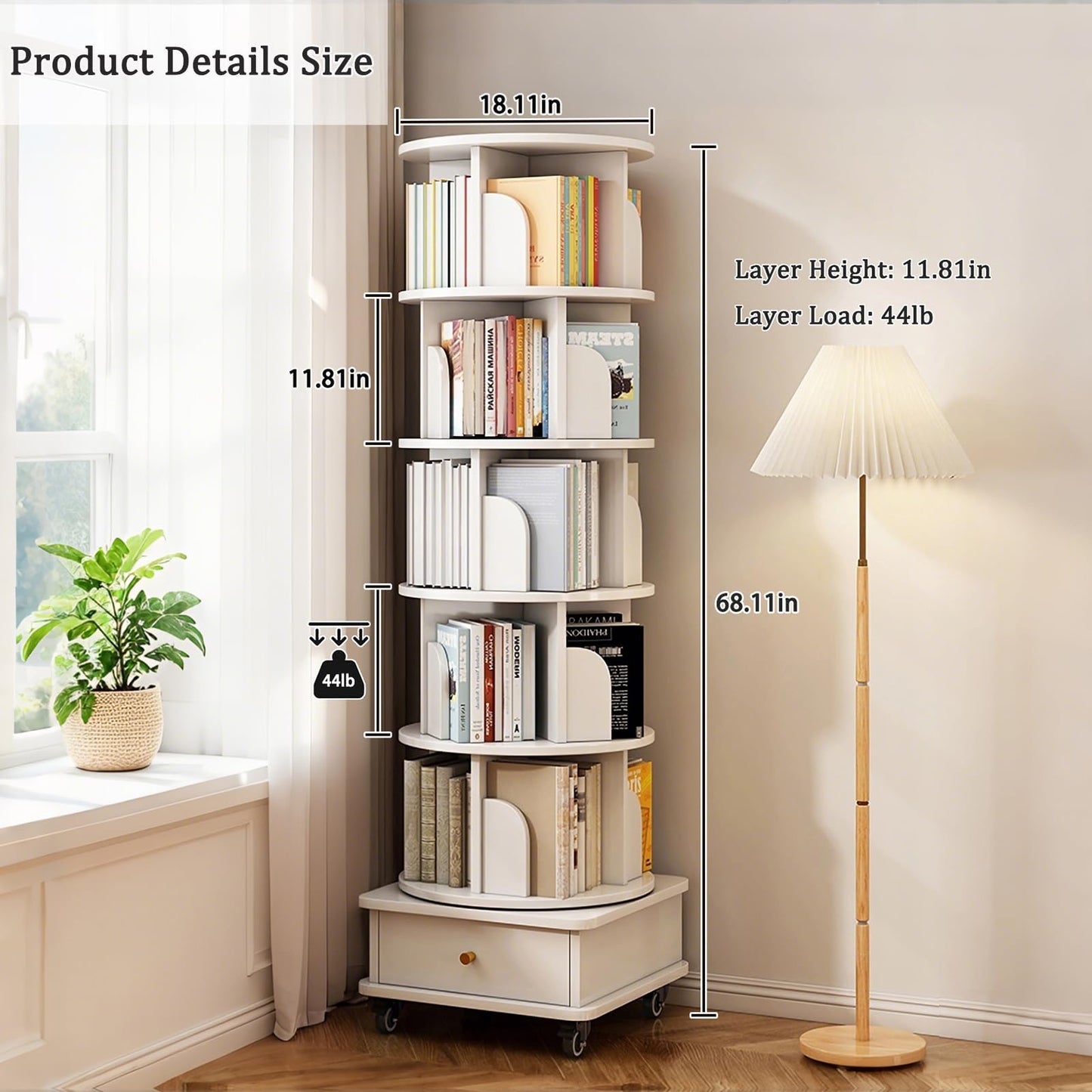 GDFStudio 6-Tier Rotating Bookshelf with Wheels & Drawer, 360° Spinning Round Display Organizer, Space-Saving Storage Tower for Living Room, Home, Office, White