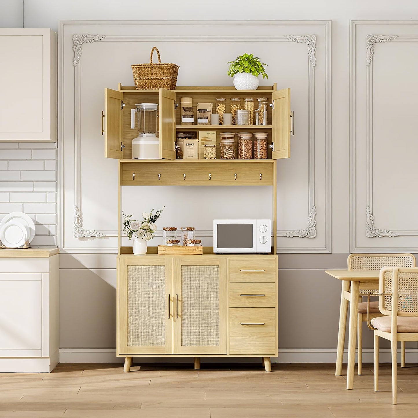 71" Tall Kitchen Pantry Cabinet with Storage, Freestanding Hutch Sideboard Buffet Cabinet with Rattan Door, 3 Drawers, 6 Hooks, Adjustable Shelves, Microwave Stand Countertop for Living Room