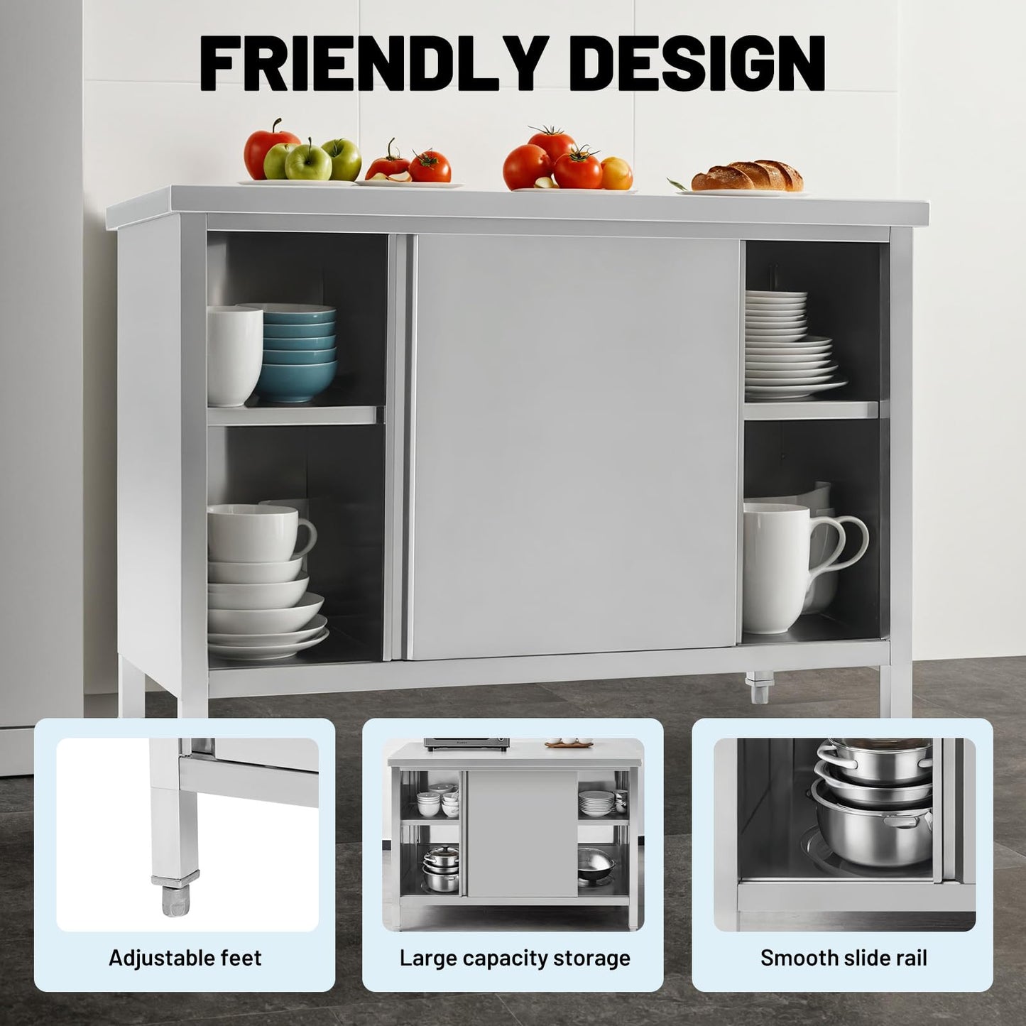 Hally Stainless Steel Cabinet, 24" x 48" NSF Commercial Heavy Duty Prep Workbench with Two Sliding Doors, Large Storage Cabinet, Metal Table for Kitchen, Restaurant, Garage