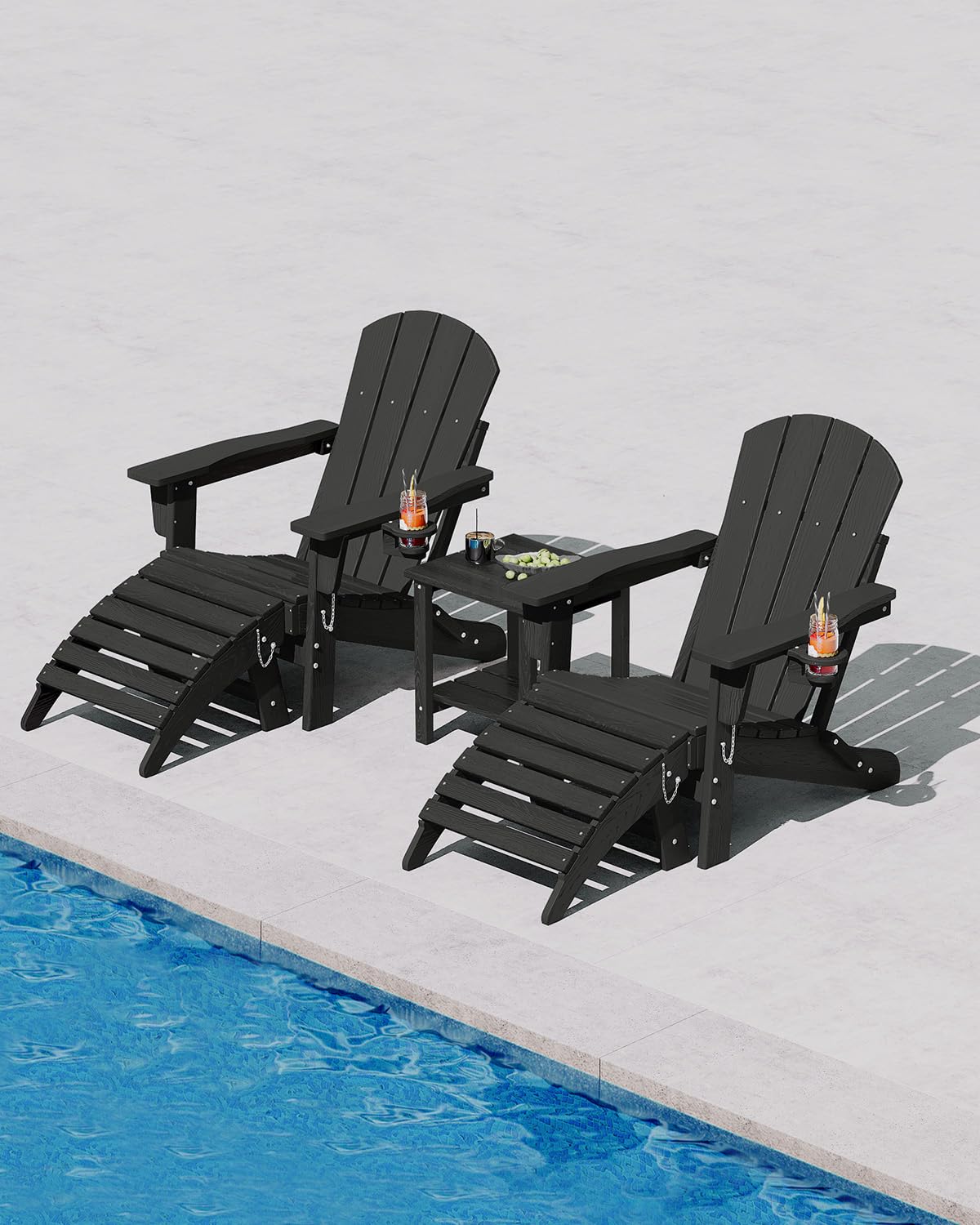 GarveeLife Folding Adirondack Chair Set of 4 with 2 Side Table, All-Weather HDPE Outdoor Chair, Wooden Textured with Cup Holder for patios, Decks, Gardens, fire pits, Black