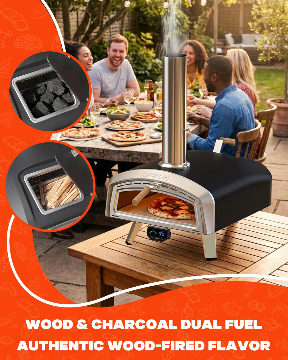 Mimiuo Smart 16 Inch Pizza Oven with Digital Temperature Display – Outdoor Charcoal Wood Pizza Oven with 3 Cooking Modes (Classic/Neapolitan/Custom), Celsius/Fahrenheit Switch, Color-Coded Guide
