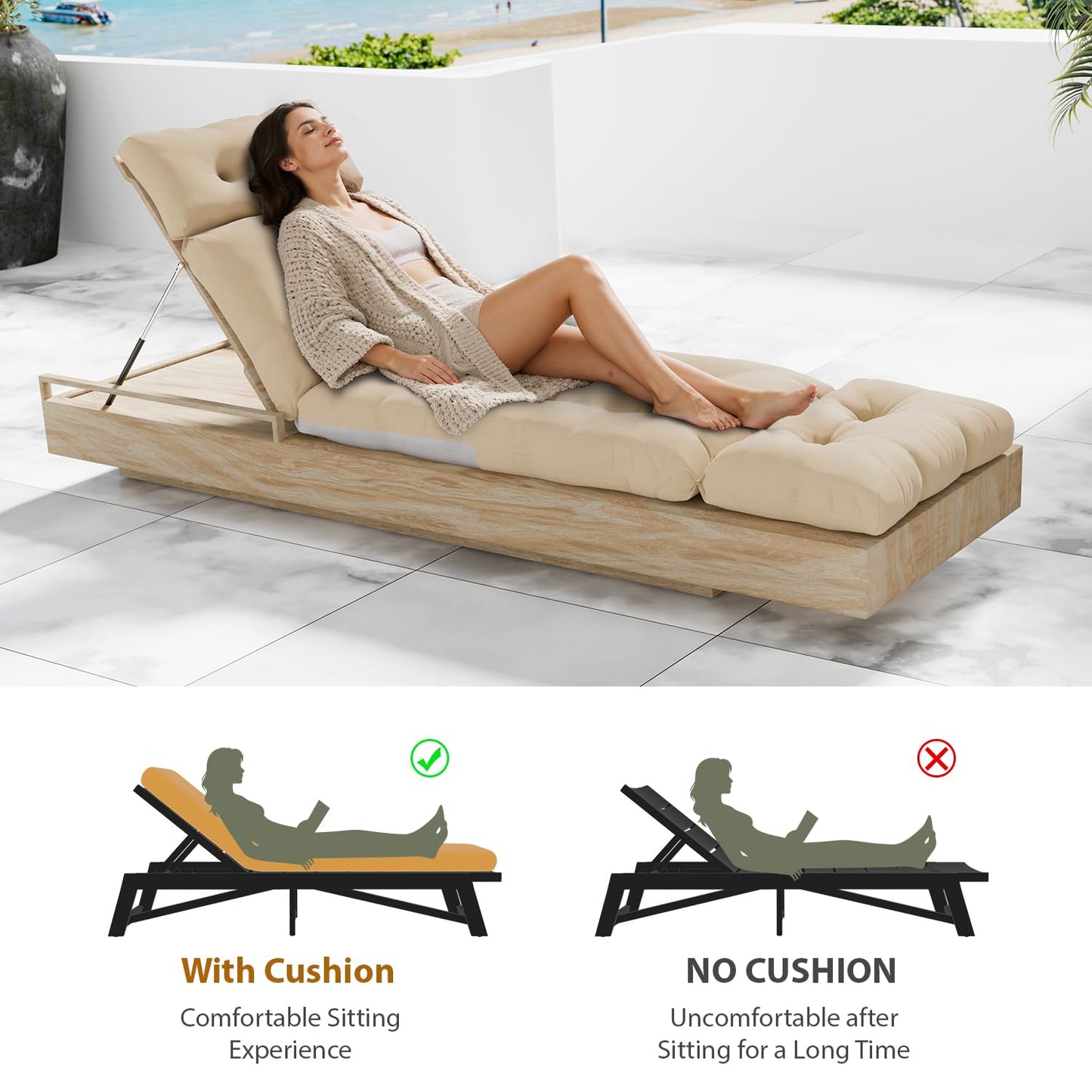 Outdoor Lounge Chair Cushions Set of 2 with Pillow, Olefin Waterproof and Fade Resistant Patio Pool Chaise Lounge Cushions Replacement for Indoor Furniture with Ties, 81 x 27 x 4.5 Inches, Beige