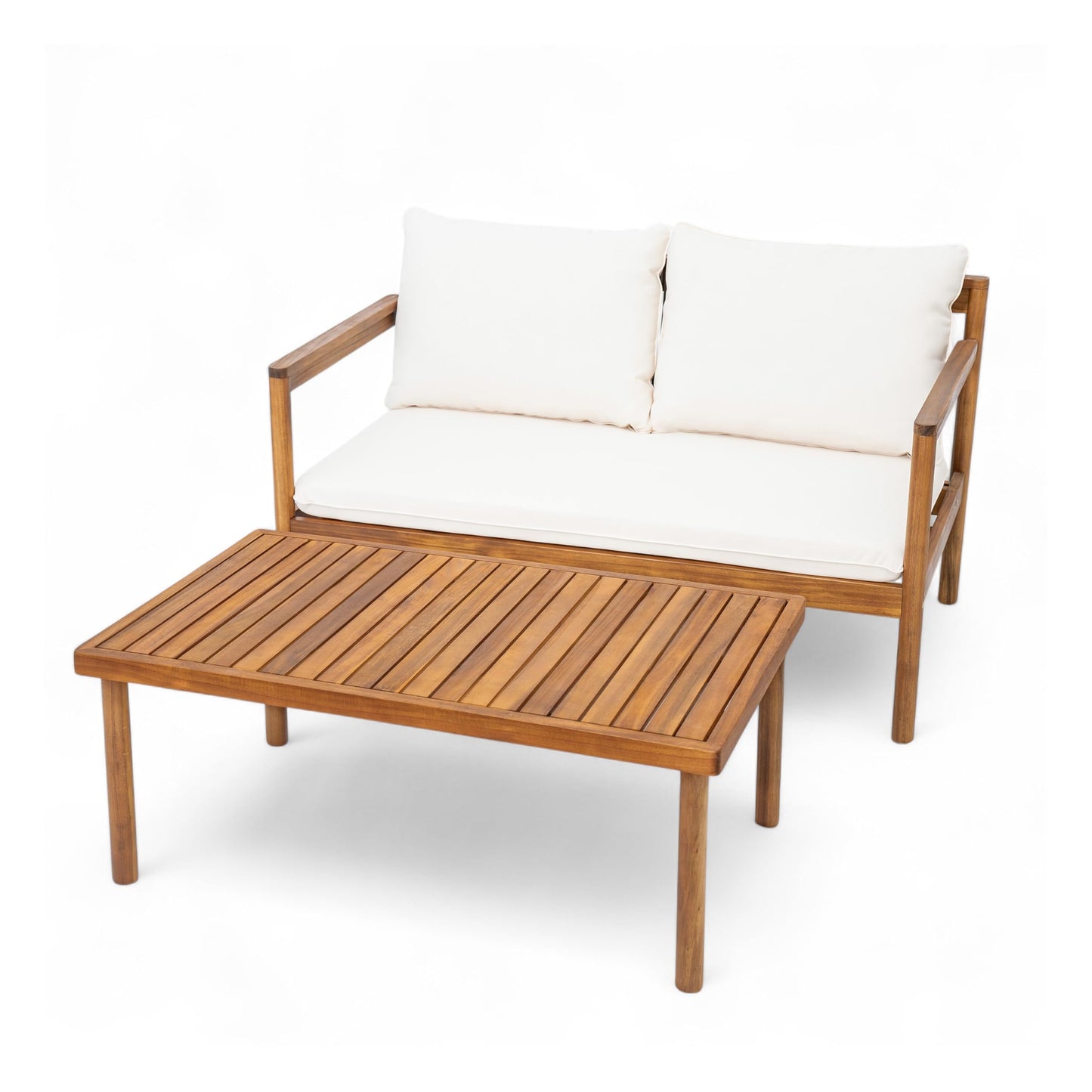 Christopher Knight Home Vorms Outdoor Loveseat with Coffee Table, 2-Piece Acacia Wood Patio Furniture Set with Rope Backrest, Patio Conversation Chat Sets for Backyard Balcony, Teak+Cream