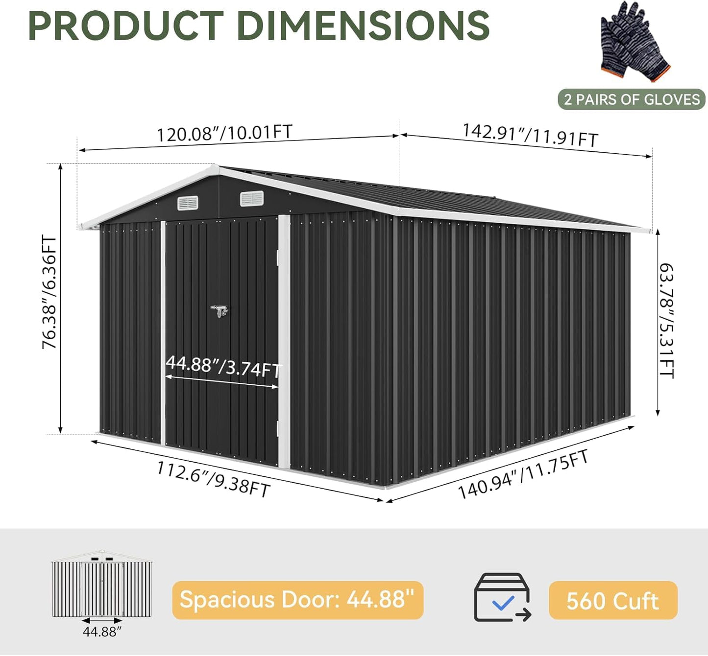 Aoxun 10 x 12FT Outdoor Storage Shed with Double Hinged Large Door Metal Sheds Outdoor Storage for Garden Utility Garden Shed with Lockable Door & Sloped Roof, Backyard, Patio and Backyard, Black