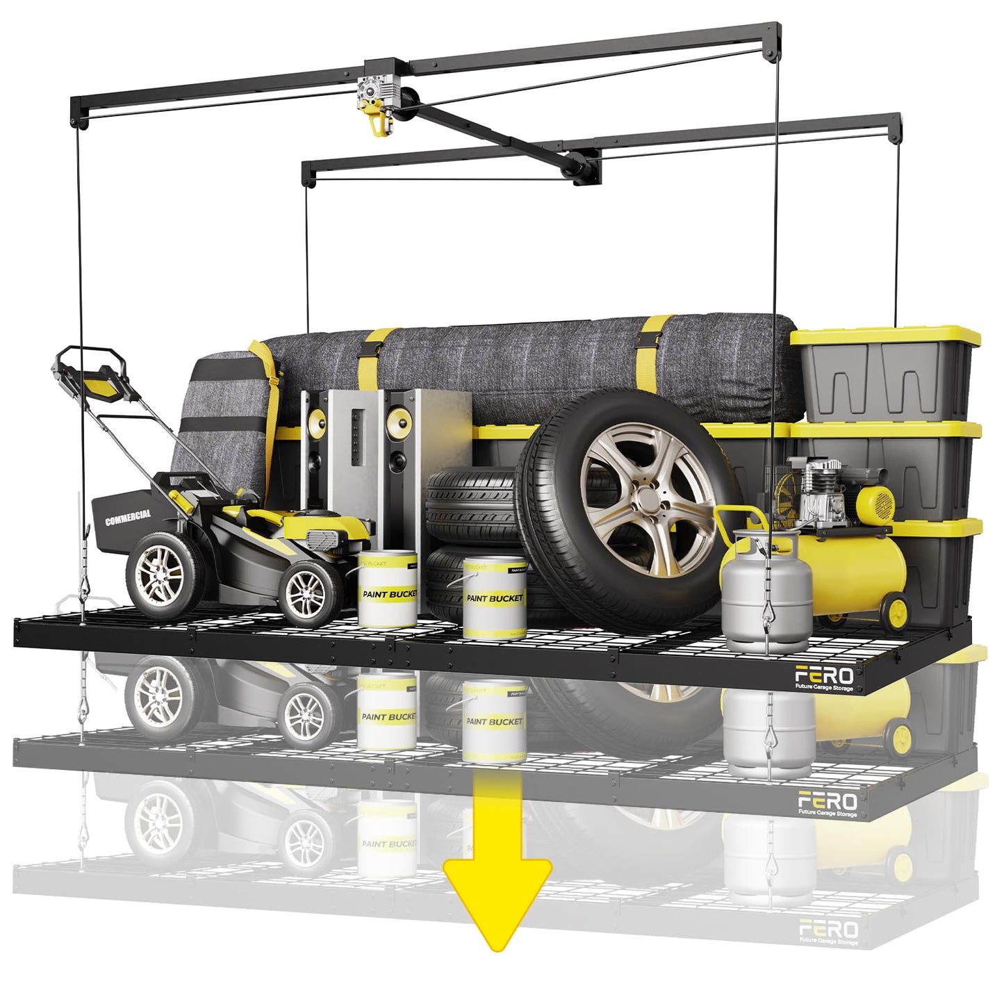 FERO Overhead Garage Storage Rack 4x8, 500 lb Heavy-Duty Capacity, Ceiling Mounted Storage Lift with Safety Lock, Drop Down Overhead Storage System, Garage Ceiling Hoist Organizer