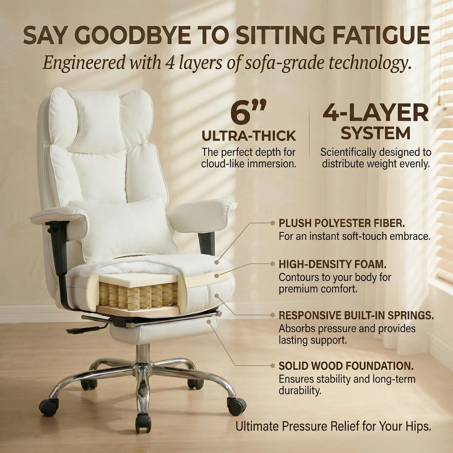 Efomao Big and Tall Office Chair 400lbs - Heavy Duty Reclining Desk Chair with Footrest, Spacious High Back PU Leather Executive Chair, Double-Layer Spring Support, White