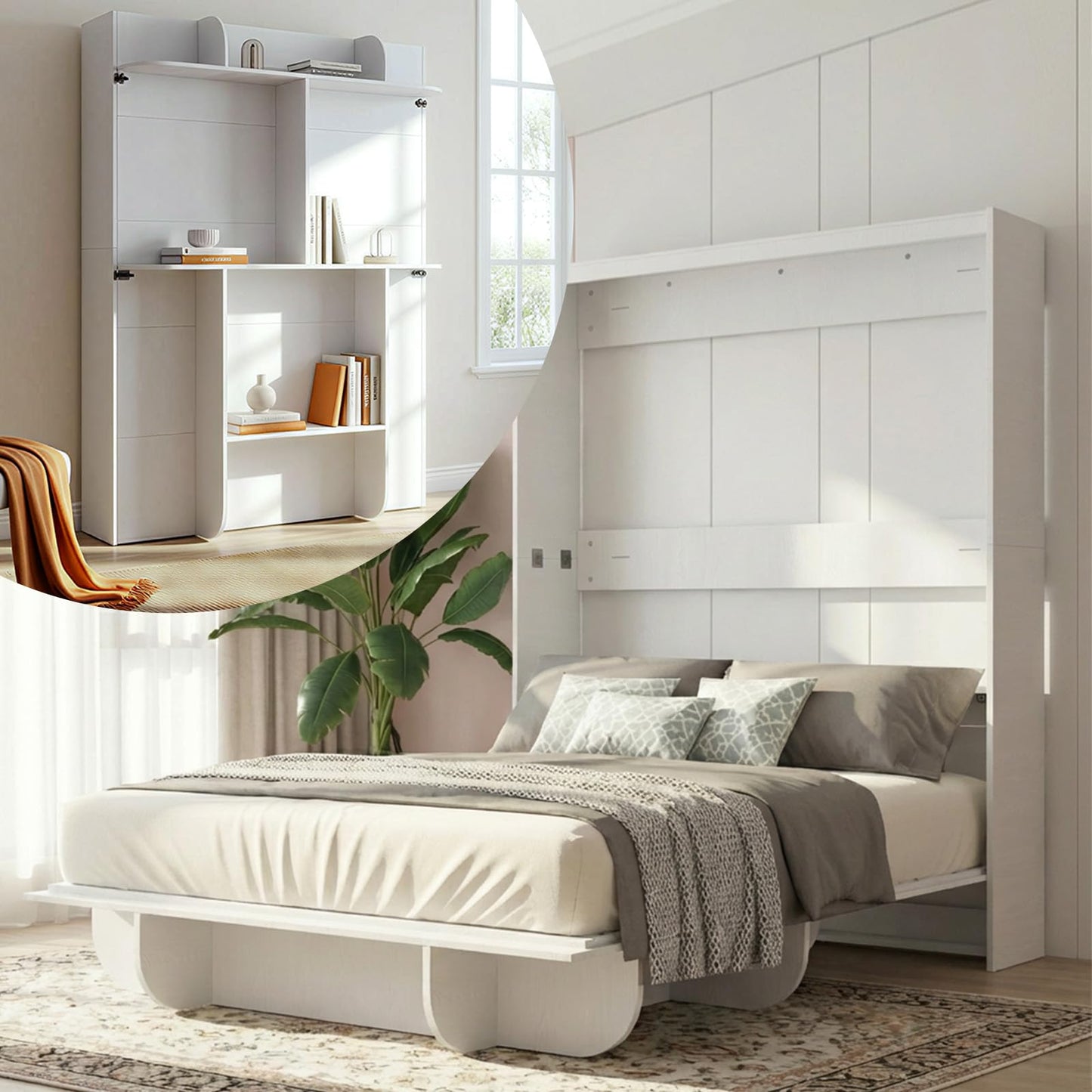 CECER Queen Size Wall Murphy Bed with Storage Shelf，Queen Murphy Cabinet Bed with Bookshelf，Space-Saving Wall Beds Cabinet Beds for Guest Room/Bedroom-White