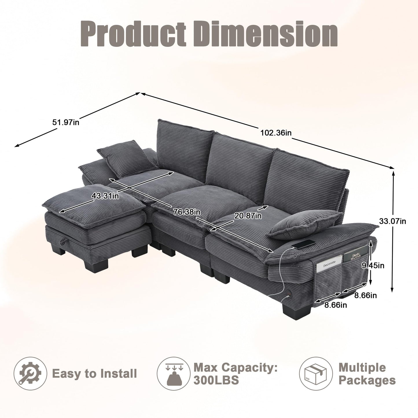 102" Oversized Cloud Modular Sectional Sofa with Movable Ottoman, Free Combination Convertible L Shaped Corner Couch Sets,Comfy Corduroy Upholstered Gray Sofa & Couch for Living Room