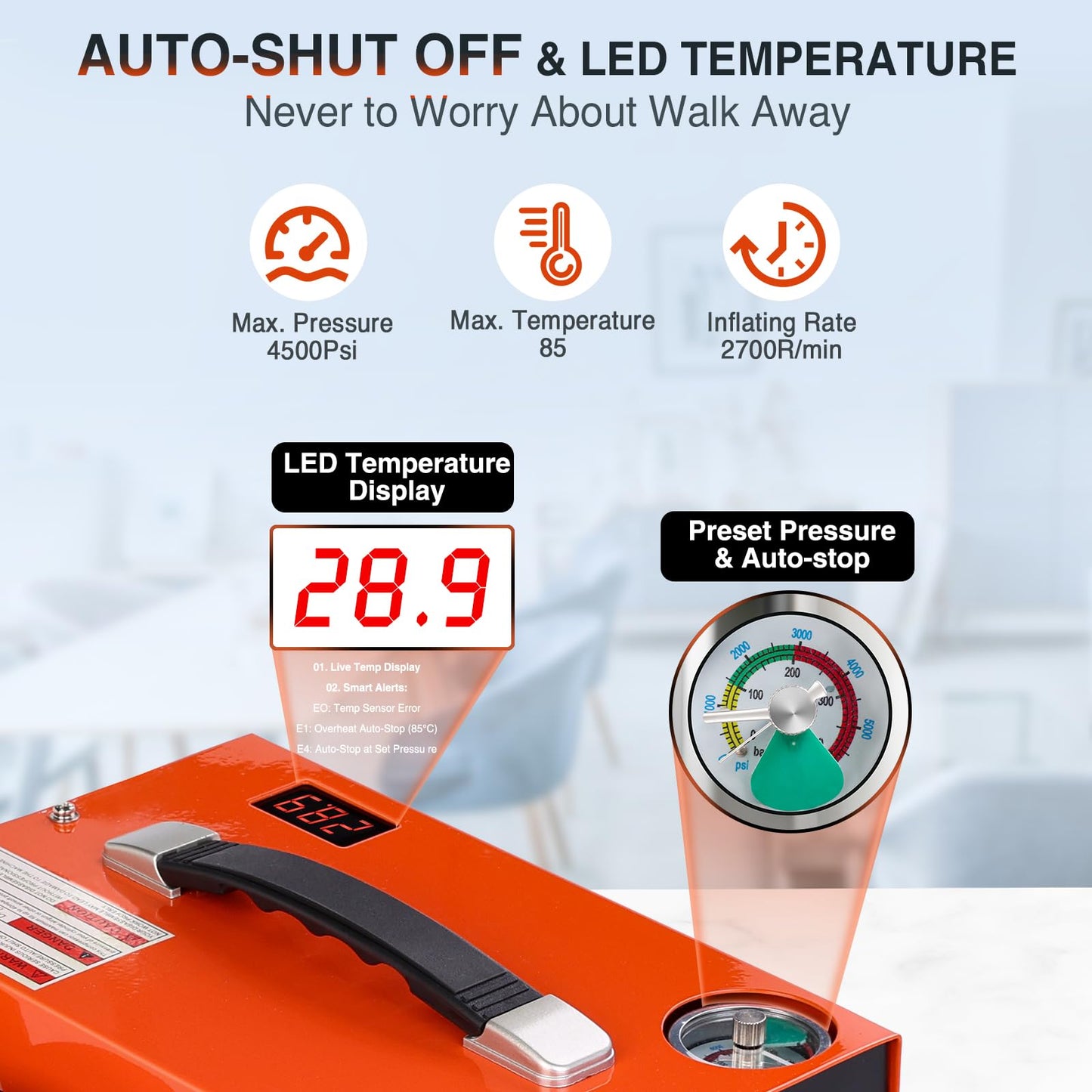 PCP Air Compressor, 4500 PSI / 30 MPa, 350W Motor, Auto Stop, Built-in Adapter, 12V DC or 110V / 220V AC Power, Portable Water/Oil-Free Pump for Paintball, Air Rifle, Airguns, HPA Tanks, Orange
