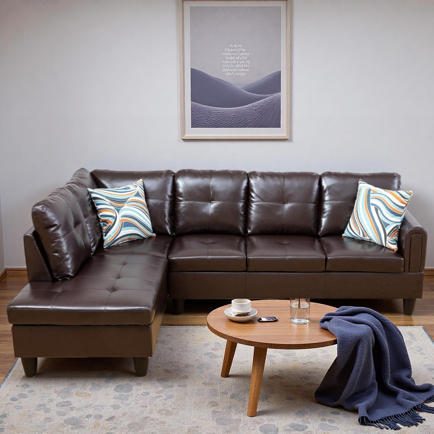 Trygoal L Shape Sectional Couch with Chaise, 97 Inch Modular Sofa with Ergonomic Reclined Backrest, Sectional Couches for Living Room, High-Density Foam, for Office and Small Apartment, Leather Brown